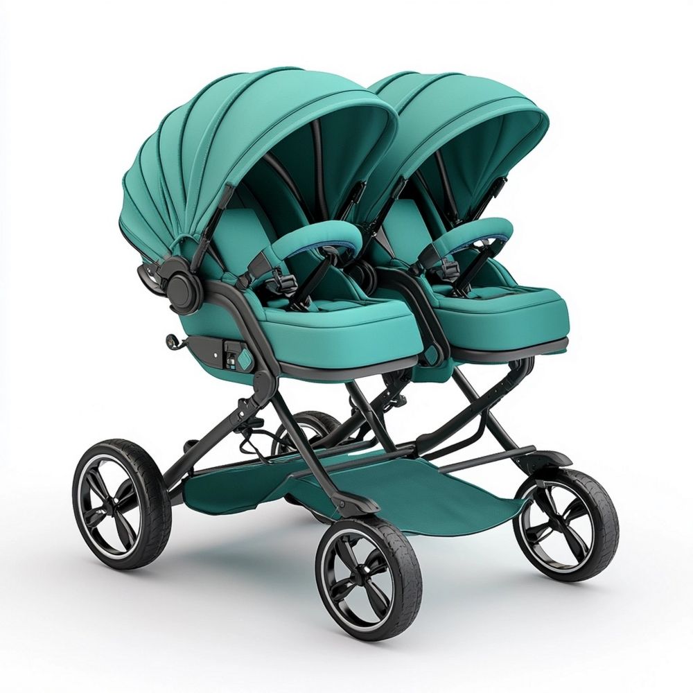 Passeggino Doppio Bambini Verde Menta, Design Affiancato, Telaio Metallo, 4 Ruote in Gomma