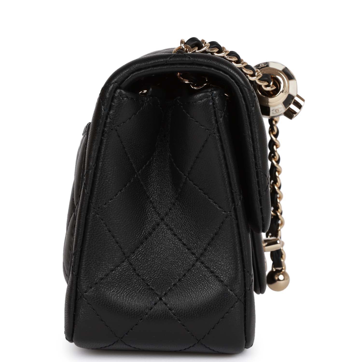 CC Pearl Crush Mini Square Flap Bag Black Lambskin Light Gold Hardware