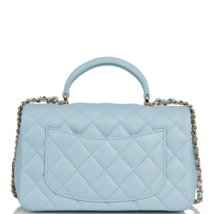 CC Mini Rectangular Flap with Top Handle Blue Lambskin Light Gold Hardware