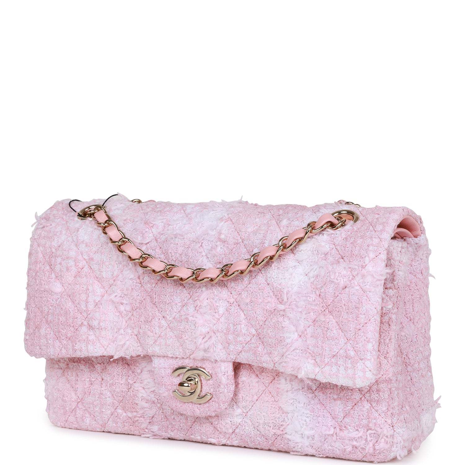 CC Medium Classic Double Flap Bag Rose Sakura Tweed Light Gold Hardware