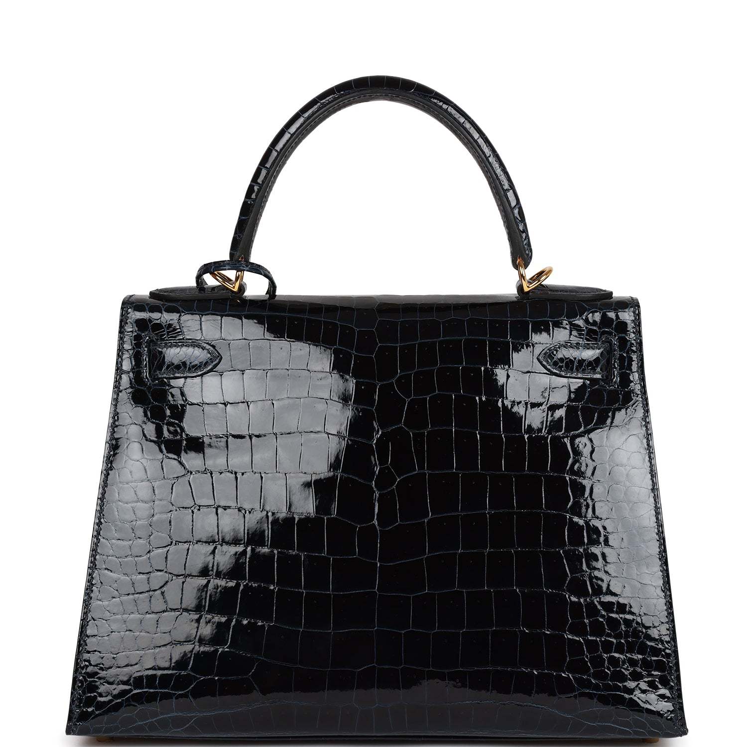 H Kelly Sellier 28 Bleu Baltique Shiny Porosus Crocodile Gold Hardware