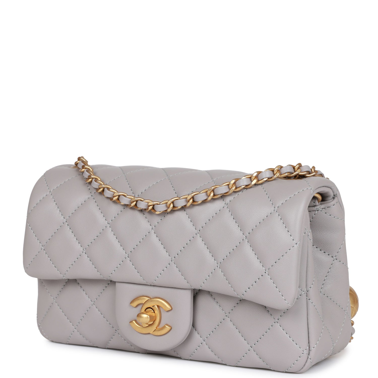 CC Pearl Crush Mini Rectangular Flap Bag Light Grey Lambskin Antique Gold Hardware