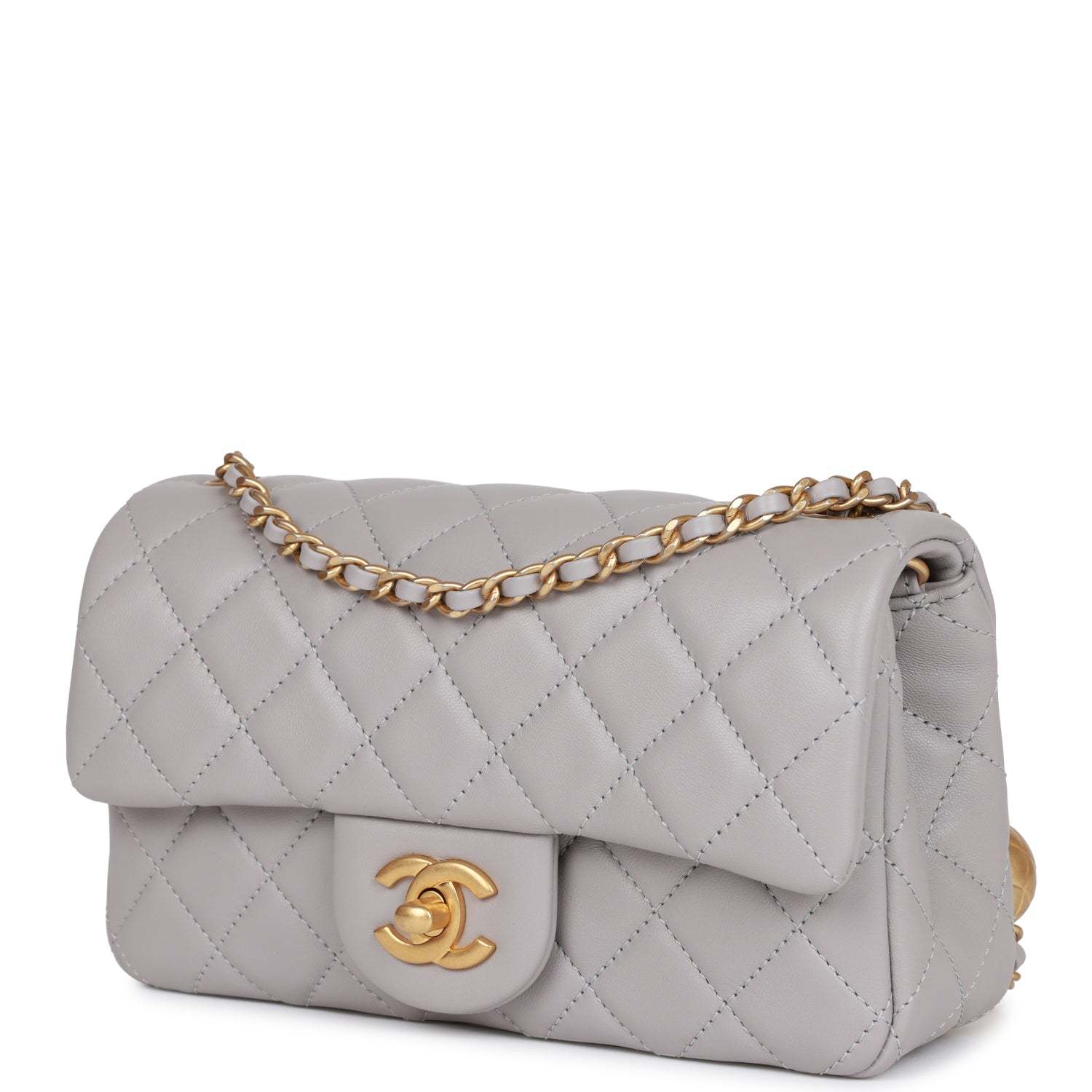 CC Pearl Crush Mini Rectangular Flap Bag Light Grey Lambskin Antique Gold Hardware