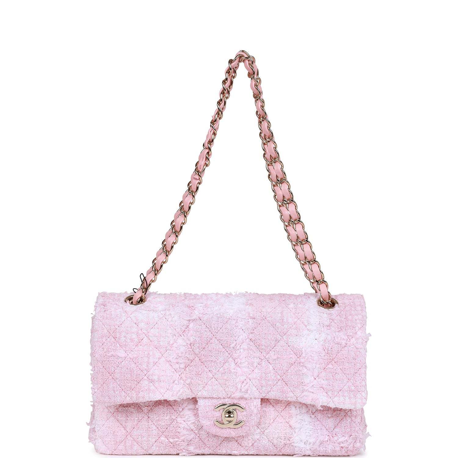 CC Medium Classic Double Flap Bag Rose Sakura Tweed Light Gold Hardware