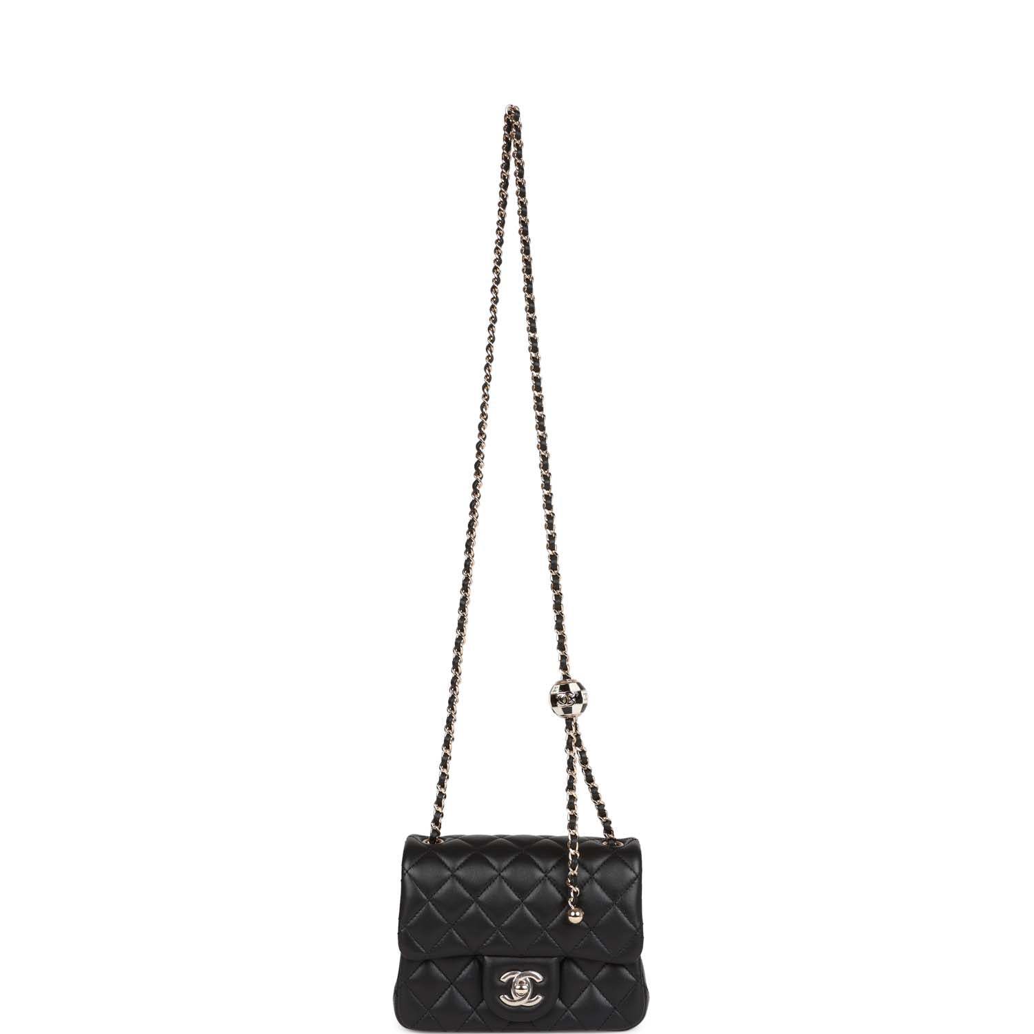 CC Pearl Crush Mini Square Flap Bag Black Lambskin Light Gold Hardware