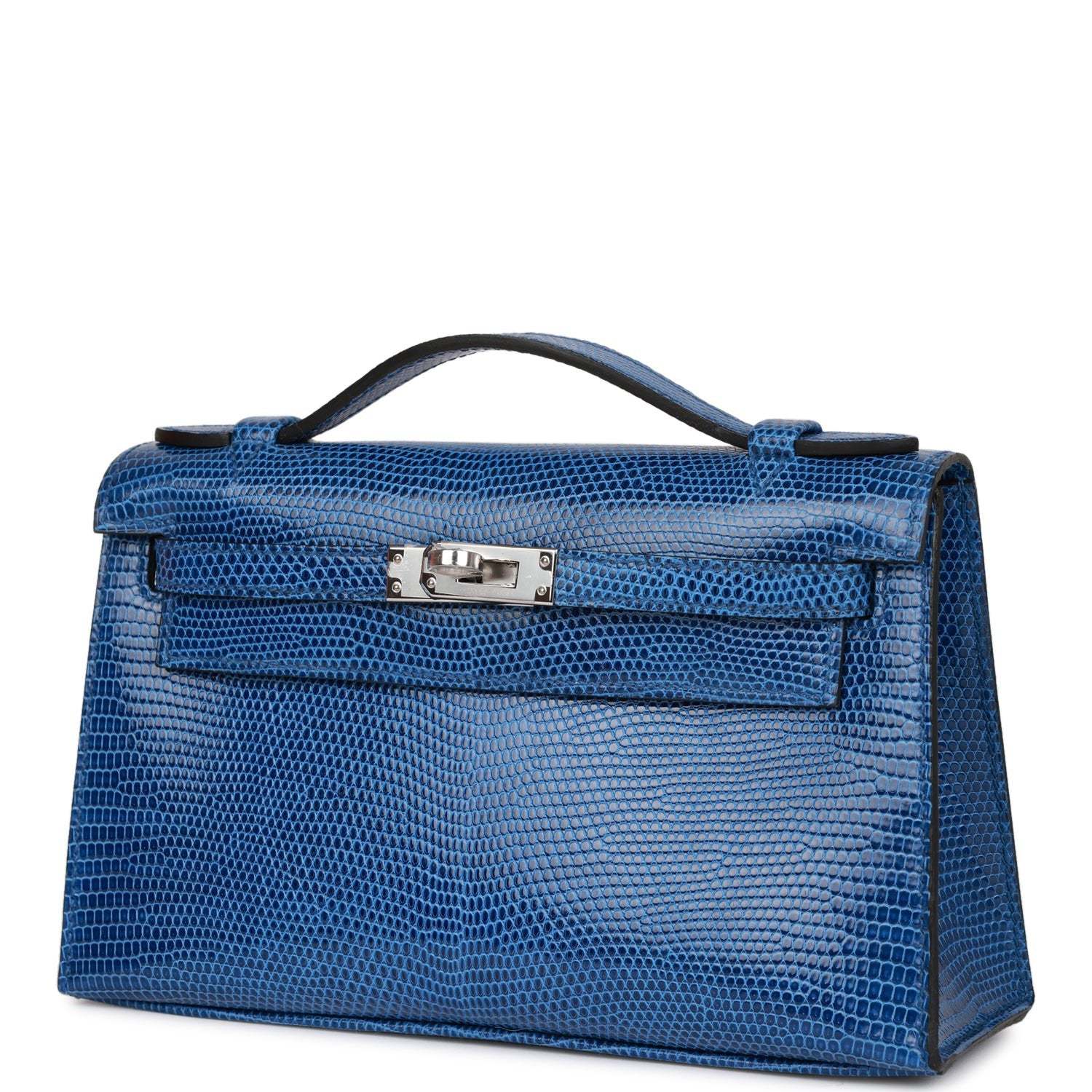 H Kelly Pochette Bleu Saphir Lizard Palladium Hardware