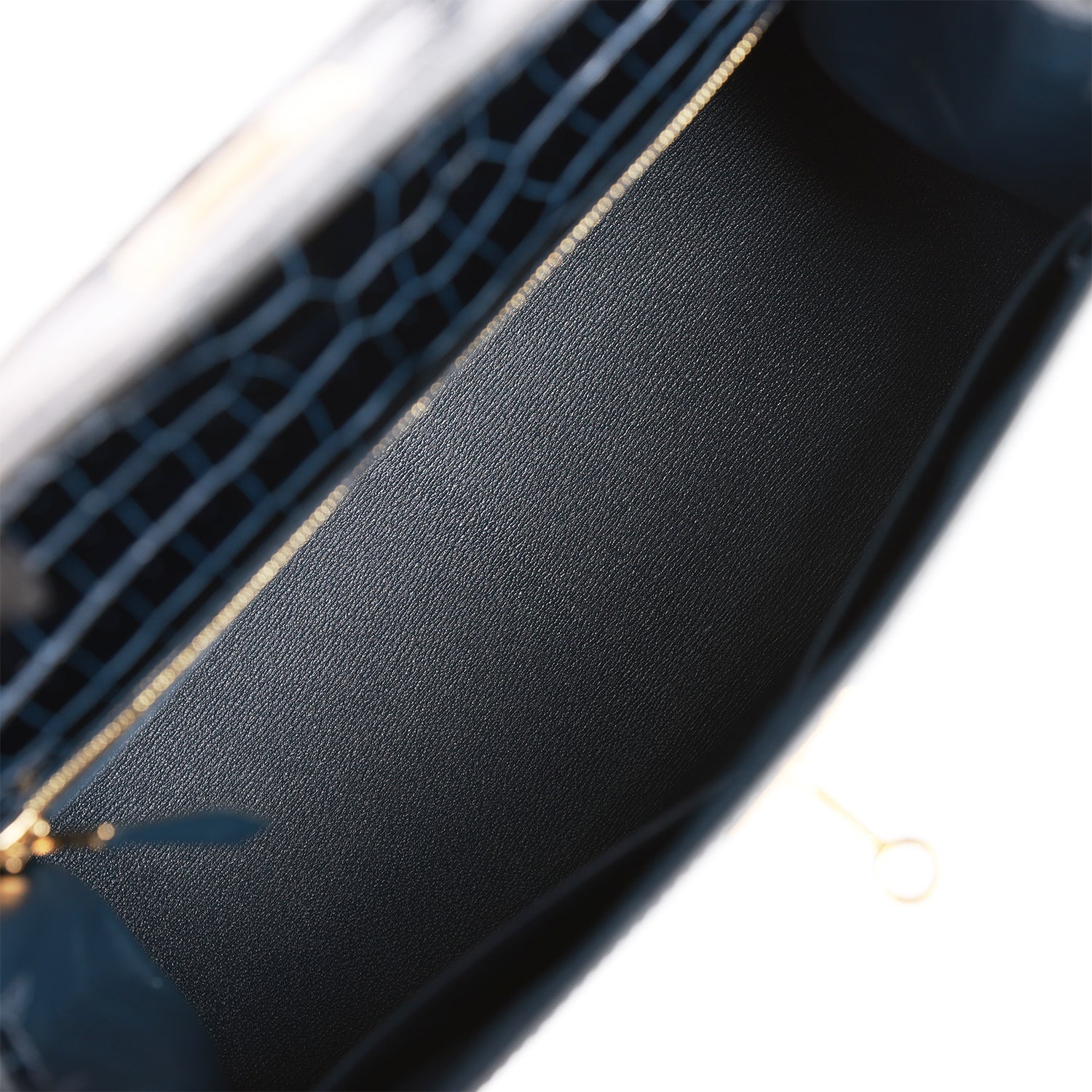 H Kelly Sellier 28 Bleu Baltique Shiny Porosus Crocodile Gold Hardware