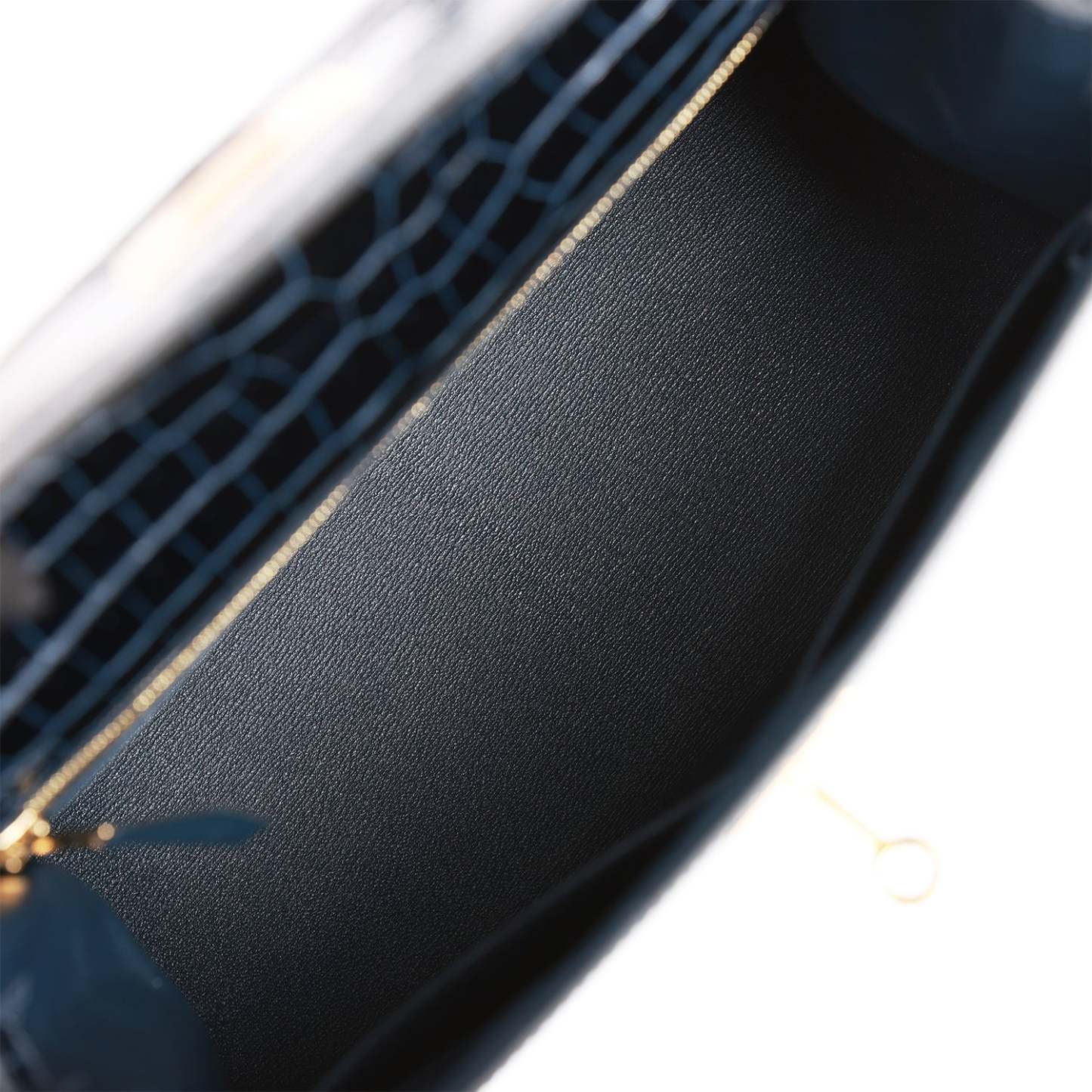 H Kelly Sellier 28 Bleu Baltique Shiny Porosus Crocodile Gold Hardware