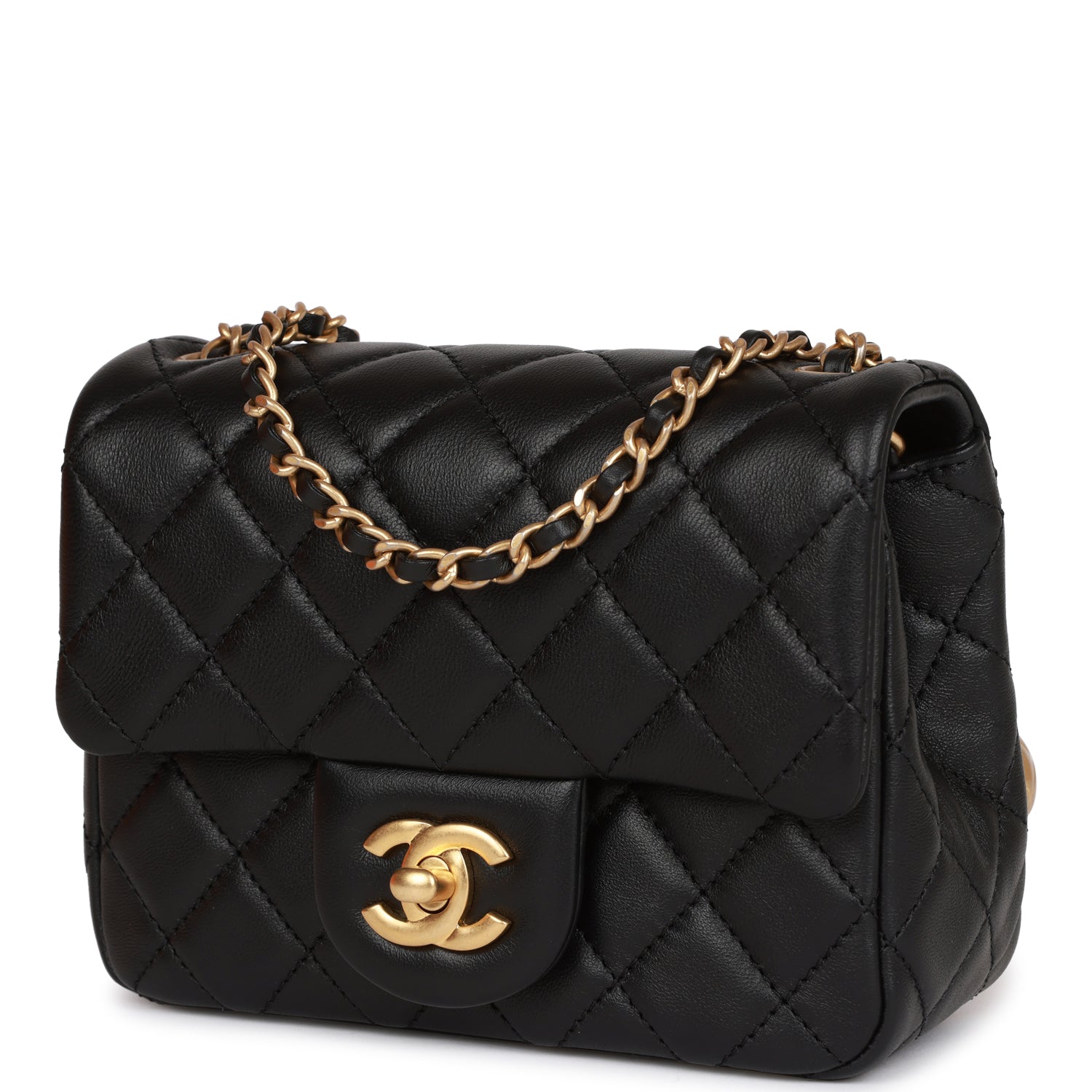 CC Pearl Crush Mini Square Flap Bag Black Lambskin Antique Gold Hardware