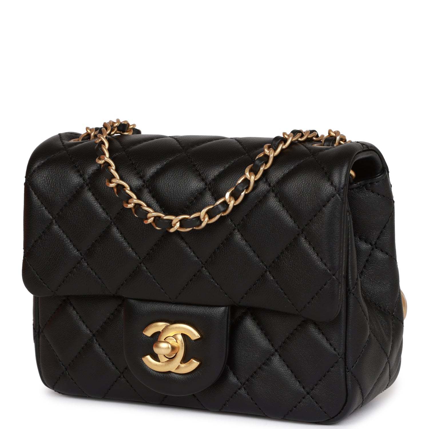 CC Pearl Crush Mini Square Flap Bag Black Lambskin Antique Gold Hardware