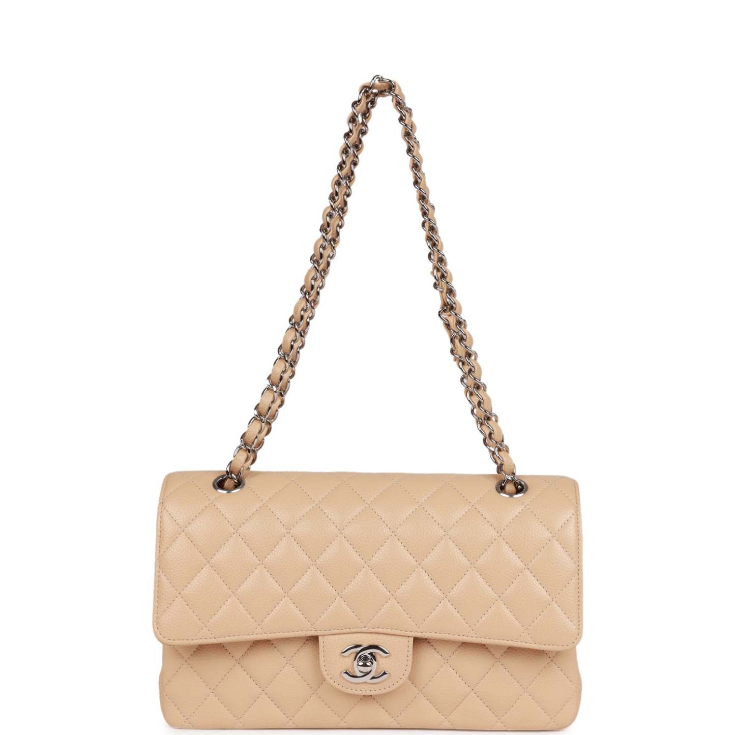CC Medium Classic Double Flap Bag Beige Caviar Silver Hardware