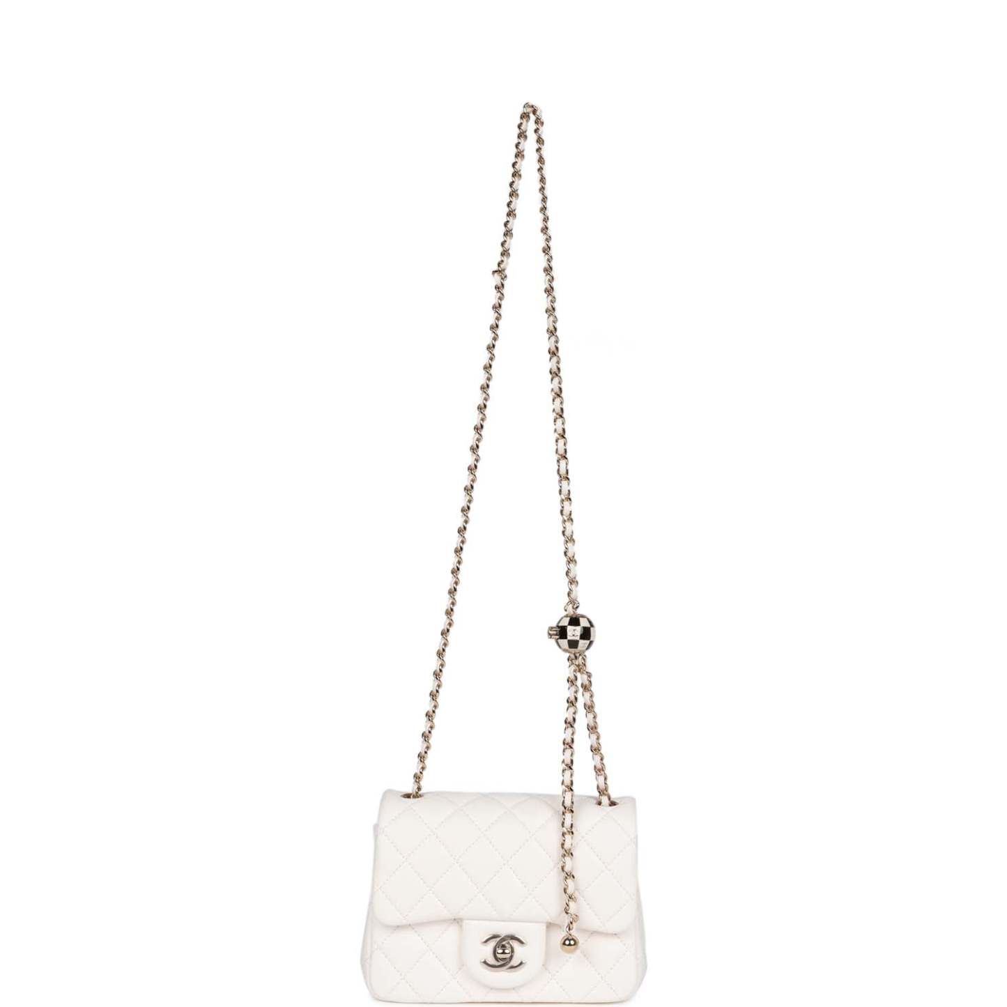 CC Pearl Crush Mini Square Flap Bag White Lambskin Light Gold Hardware