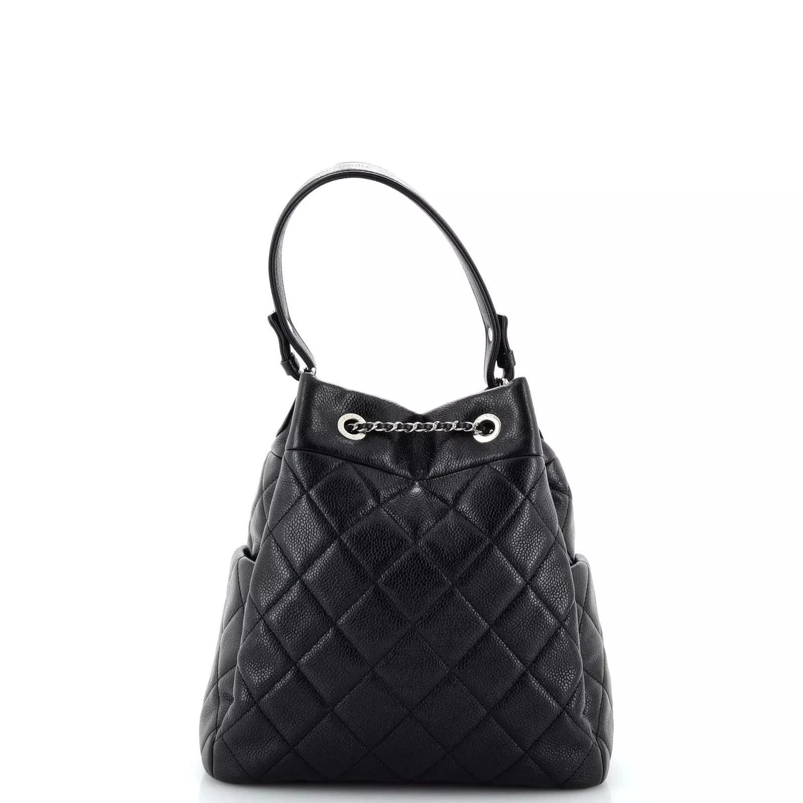 CC Chain Drawstring Bucket Bag Quilted Caviar Small 23*23*13 cm