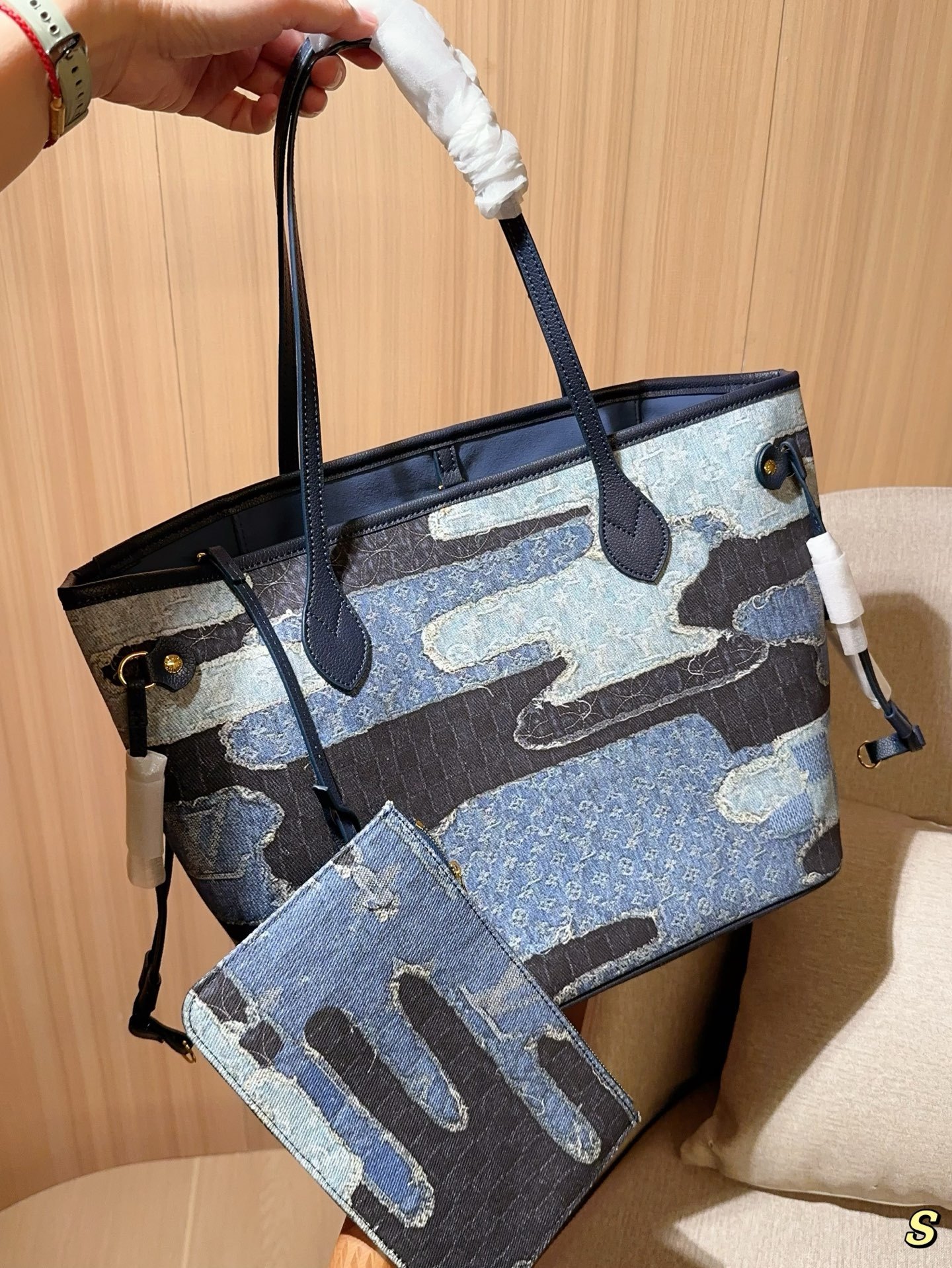 Louis new arrival denim neverfull tote bag size:32 cm