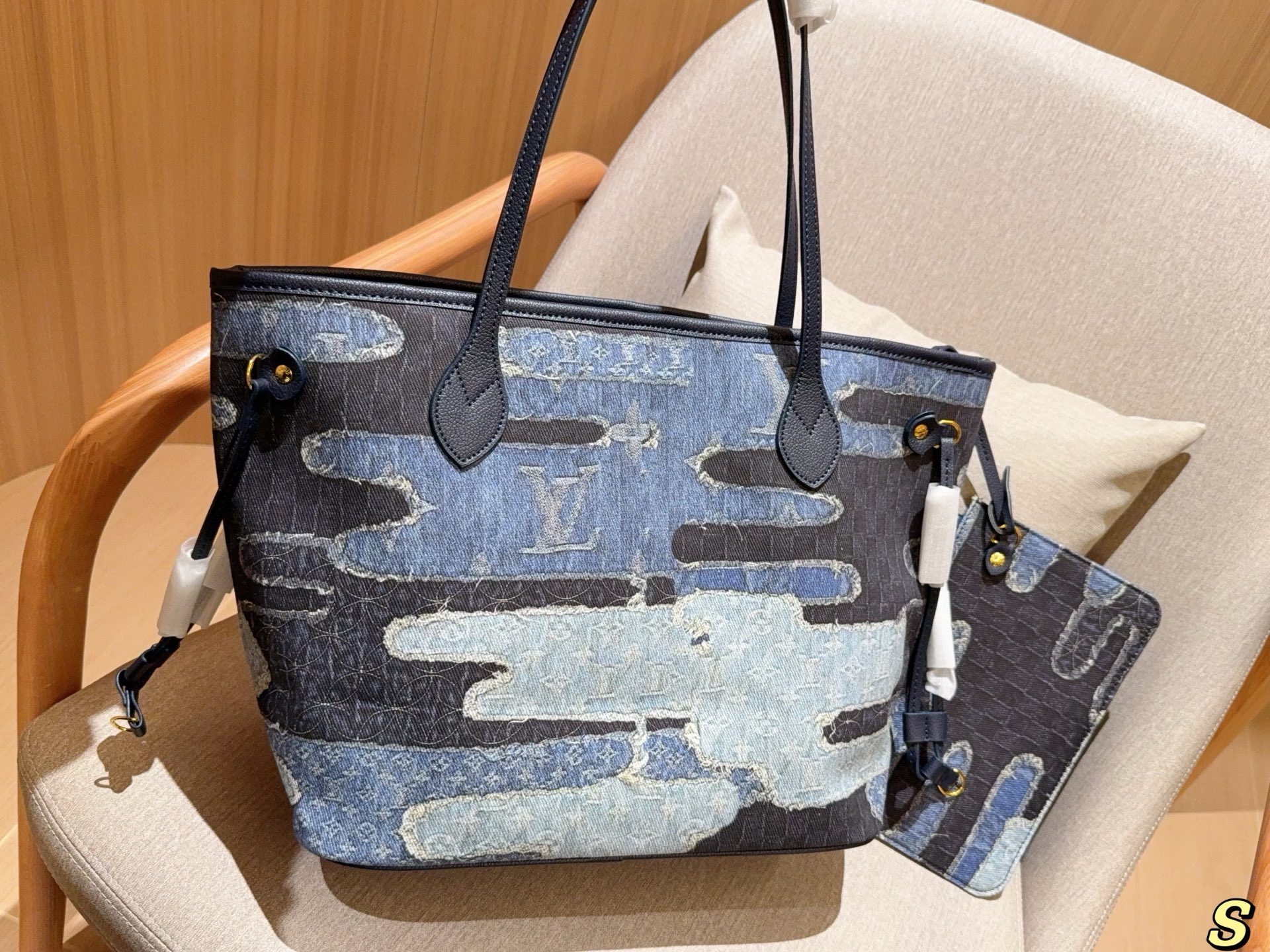 Louis new arrival denim neverfull tote bag size:32 cm