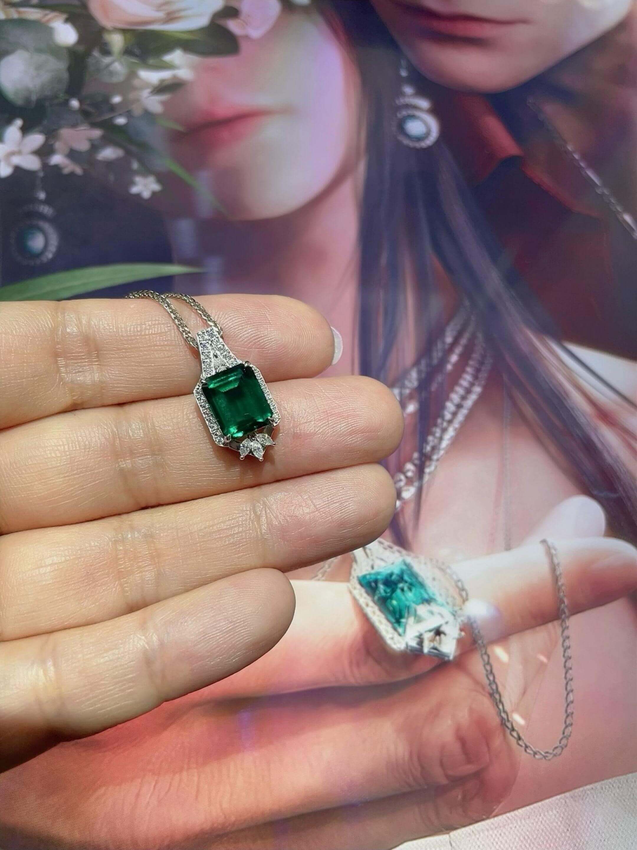 "Nightglow" | Lab-Grown Emerald & Paraiba S925 Sterling Silver Necklace