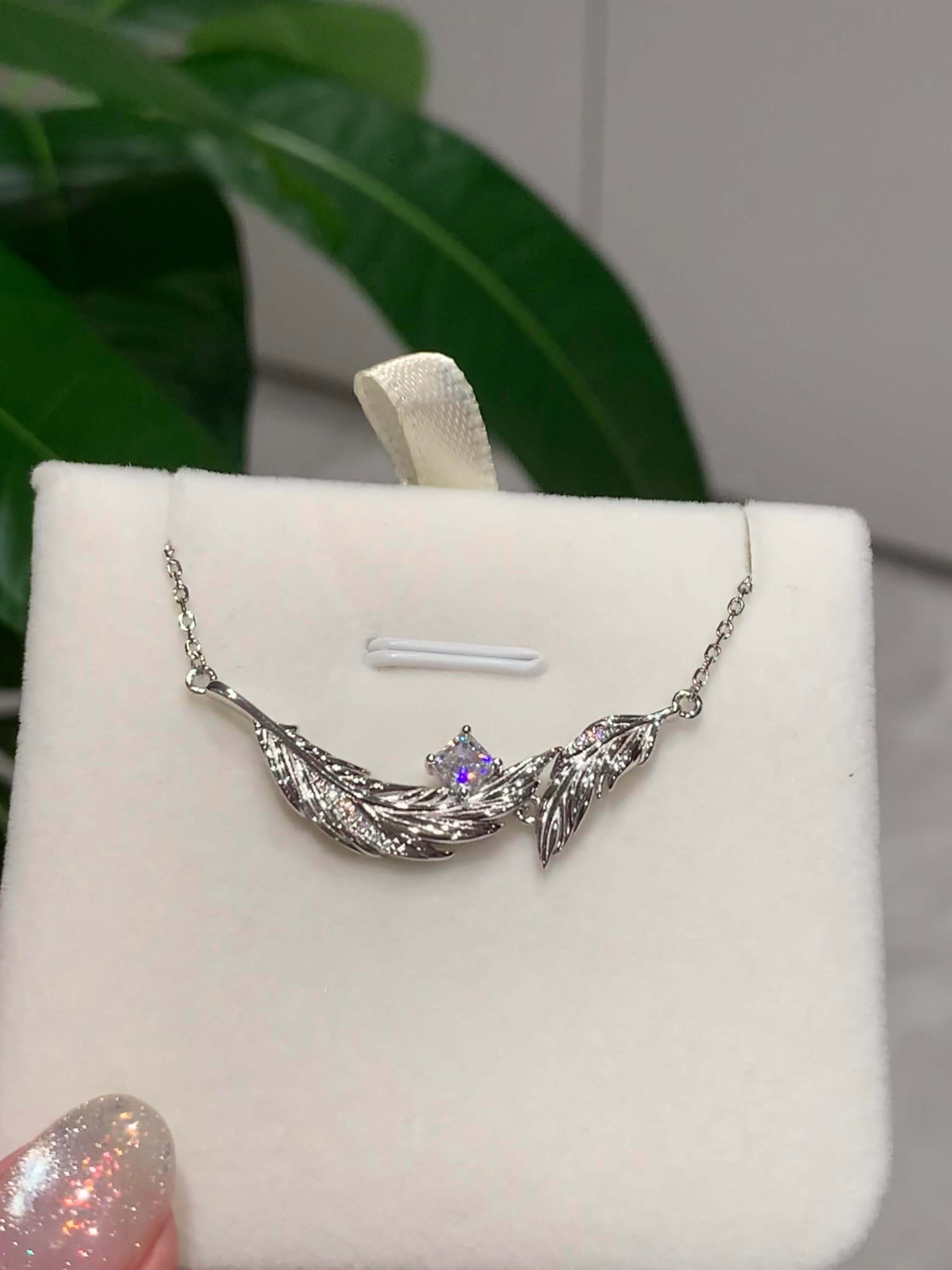 Soul Feather Original Design Necklace| 925 Silver Platinum-Plated Moissanite & Red Tourmaline