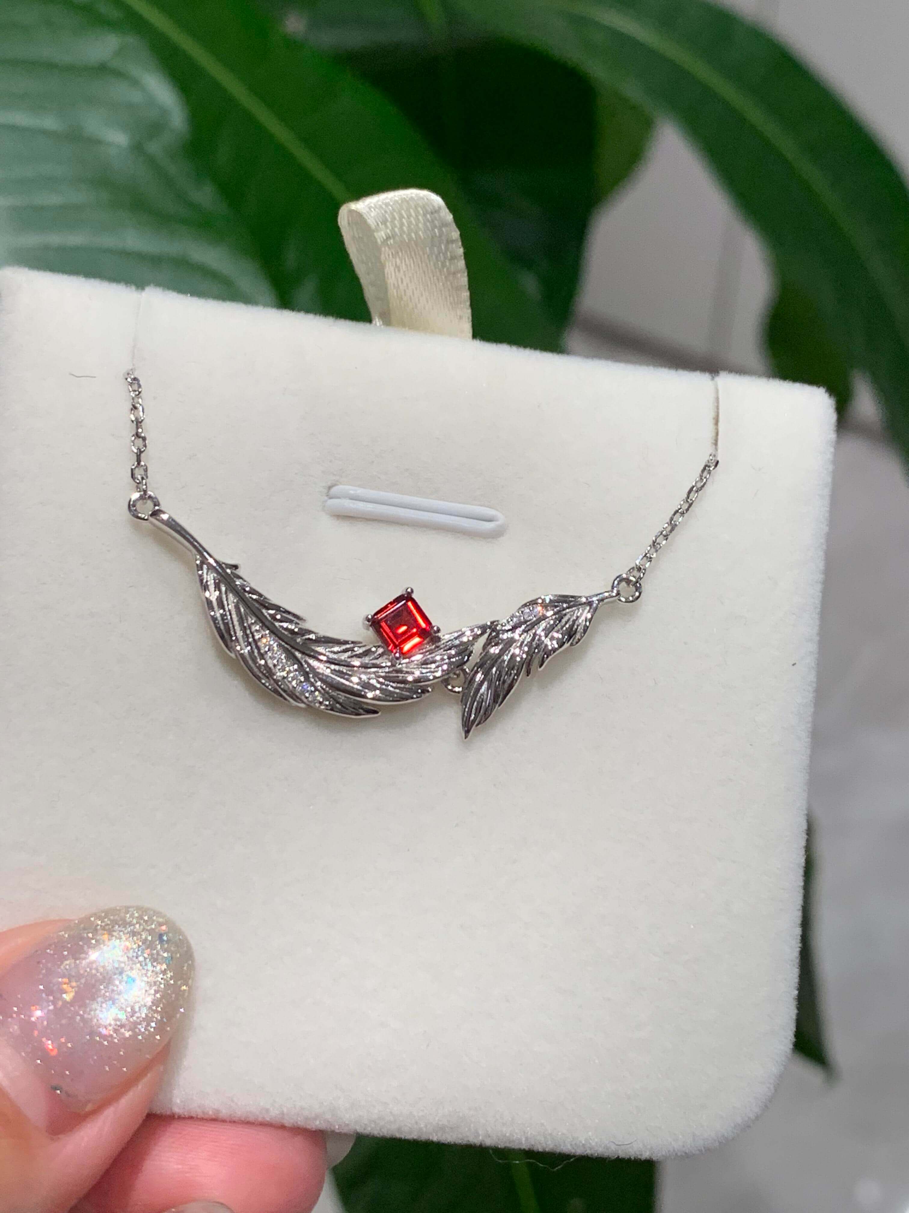 Soul Feather Original Design Necklace| 925 Silver Platinum-Plated Moissanite & Red Tourmaline