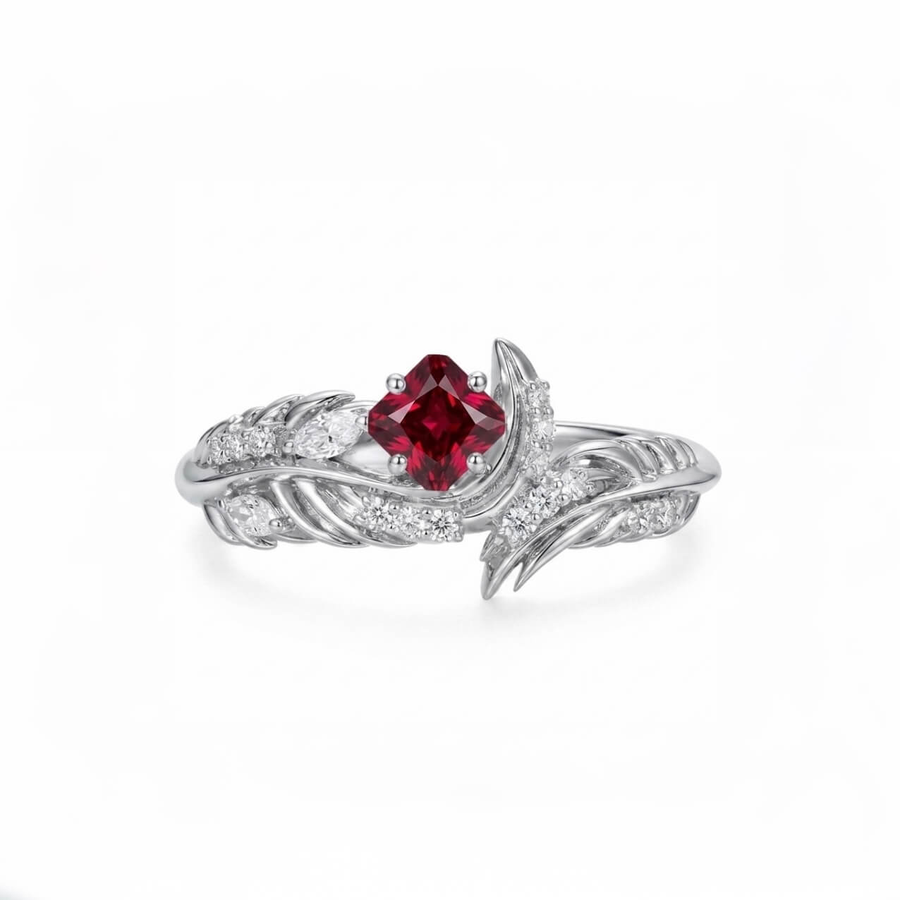 Soul Feather Wedding Ring | 925 Silver Platinum-Plated Moissanite & Red Tourmaline