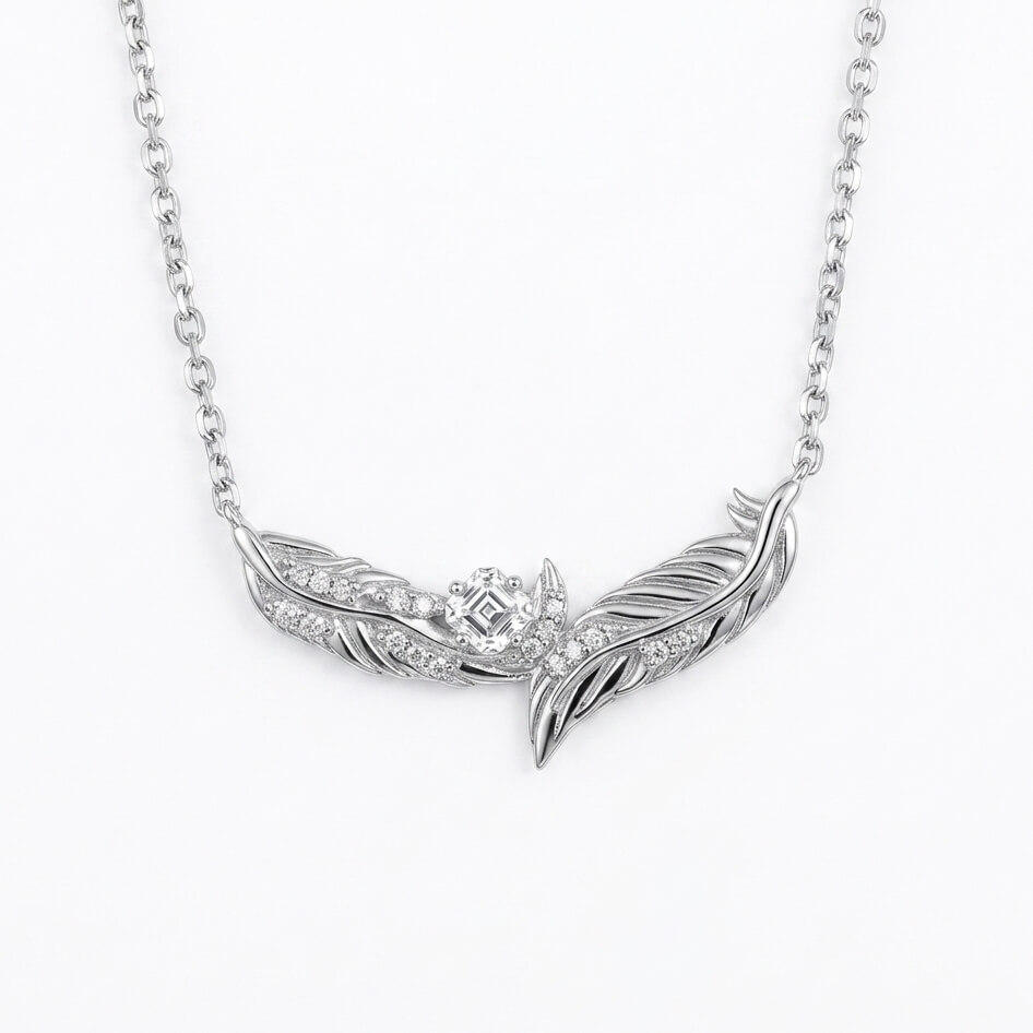 Soul Feather Necklace | 925 Silver Platinum-Plated Moissanite & Red Tourmaline