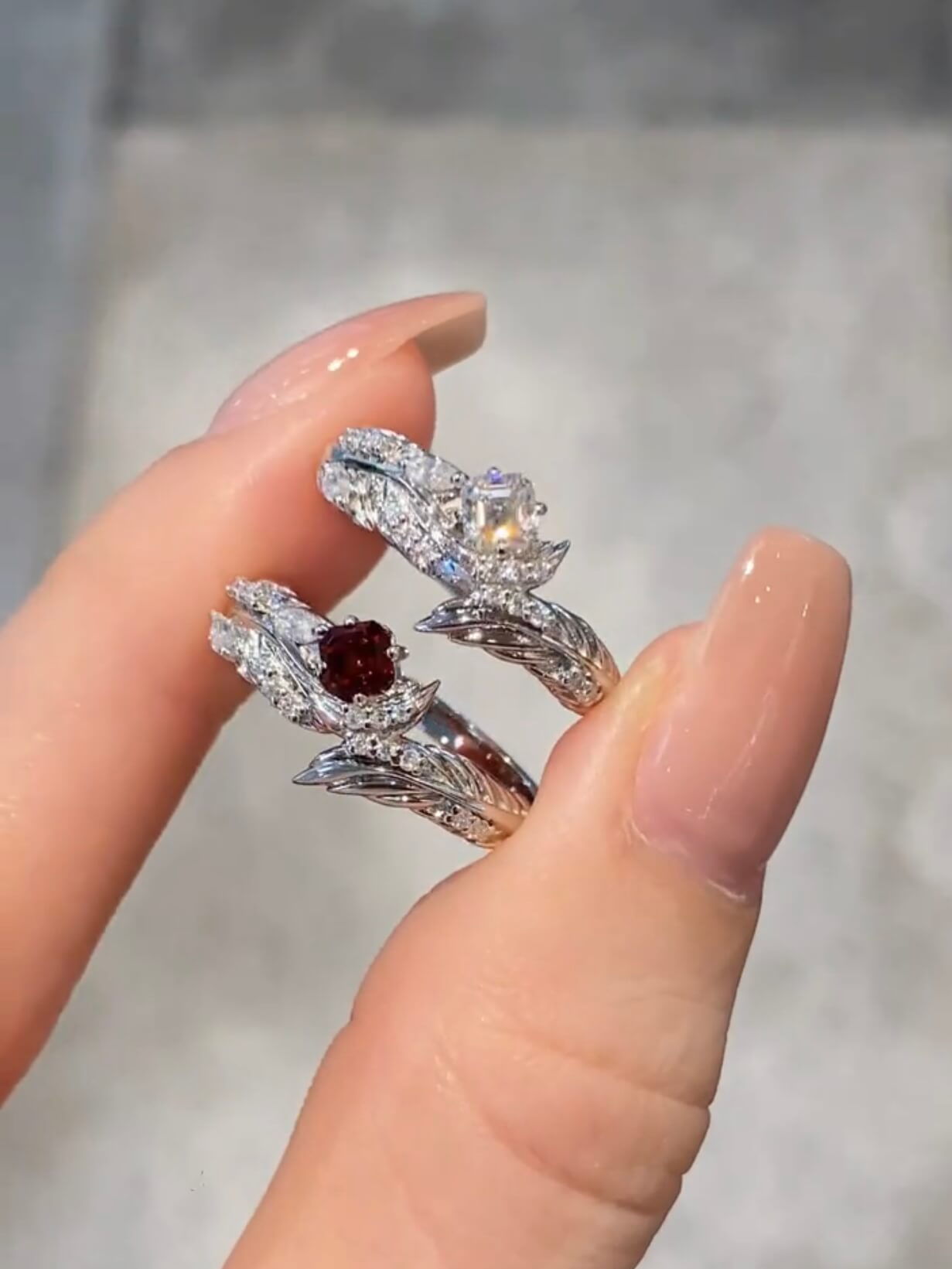 Alternative Darkborne | Feather Ring Set | 925 Silver Platinum-Plated Moissanite & Red Tourmaline