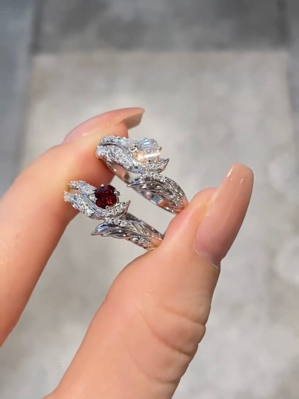 Alternative Darkborne | Feather Ring Set | 925 Silver Platinum-Plated Moissanite & Red Tourmaline