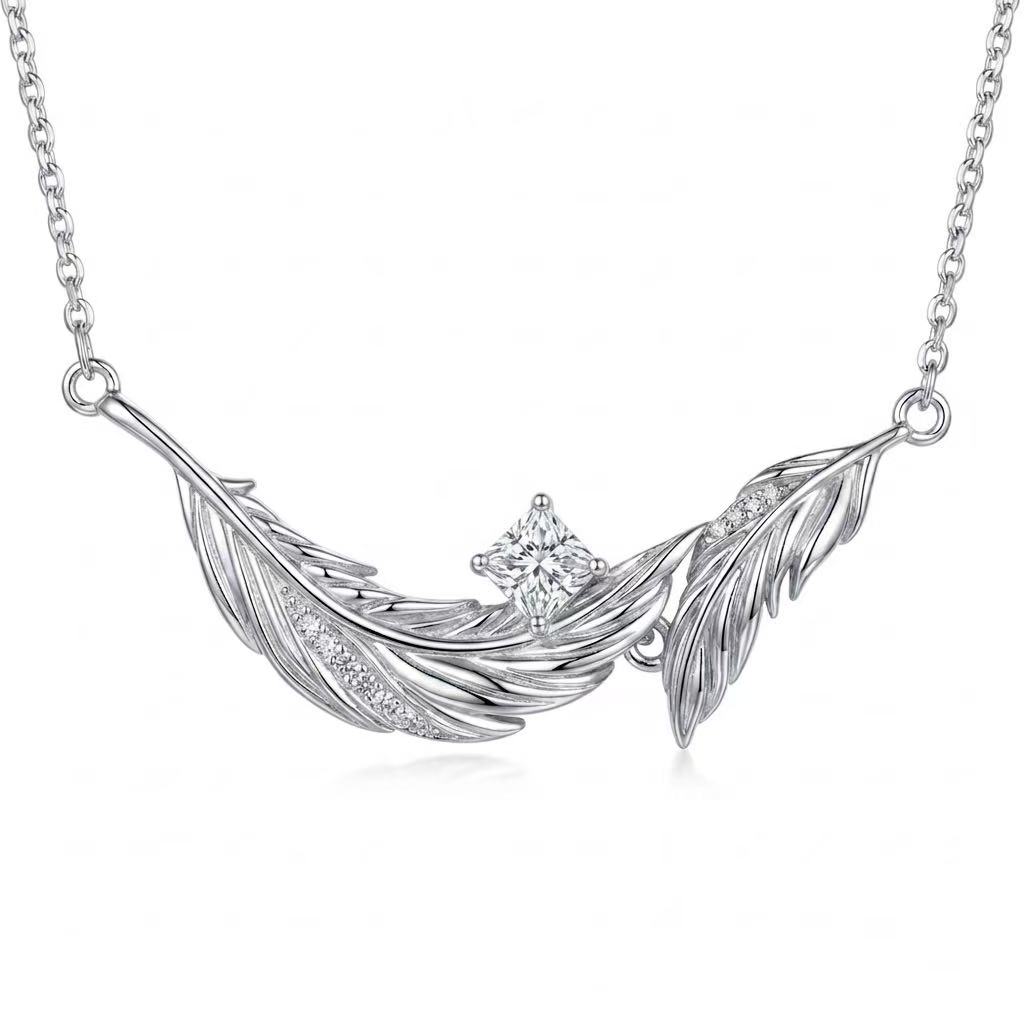 Soul Feather Original Design Necklace| 925 Silver Platinum-Plated Moissanite & Red Tourmaline