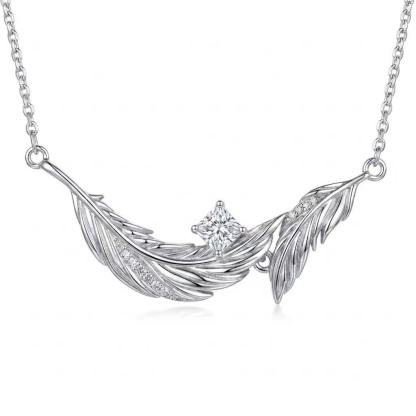Soul Feather Original Design Necklace| 925 Silver Platinum-Plated Moissanite & Red Tourmaline