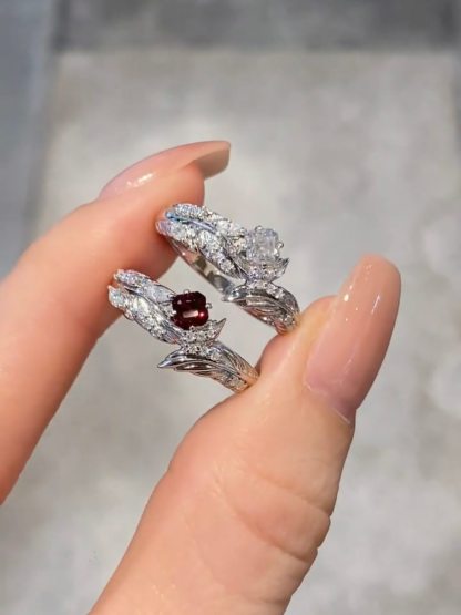 Alternative Darkborne | Feather Ring Set | 925 Silver Platinum-Plated Moissanite & Red Tourmaline