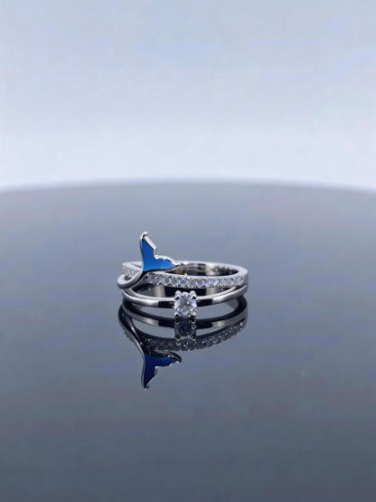 Dual-Band Fishtail Ring | Blue Enamel 925 Sterling Silver Platinum-Plated Moissanite