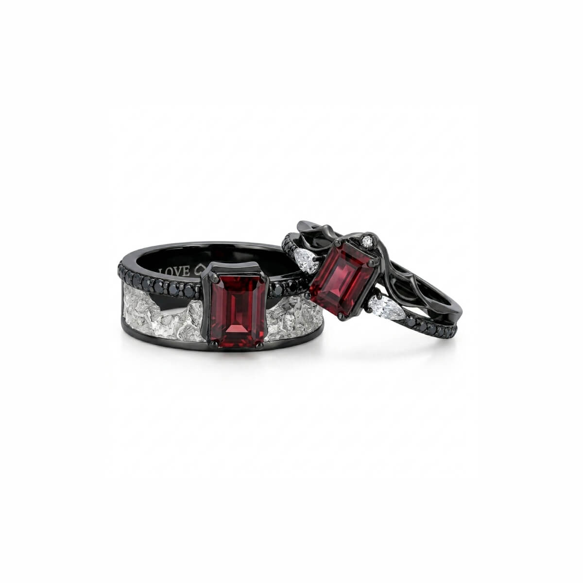 Level 100 Affinity Couple Rings | 925 Sterling Silver Platinum-Plated Moissanite & Red Tourmaline