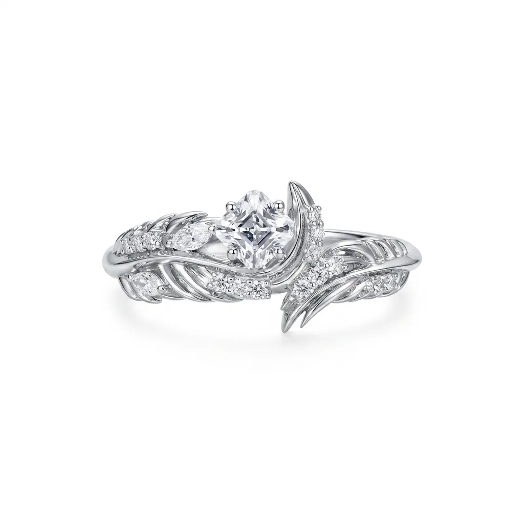 Soul Feather Wedding Ring | 925 Silver Platinum-Plated Moissanite & Red Tourmaline