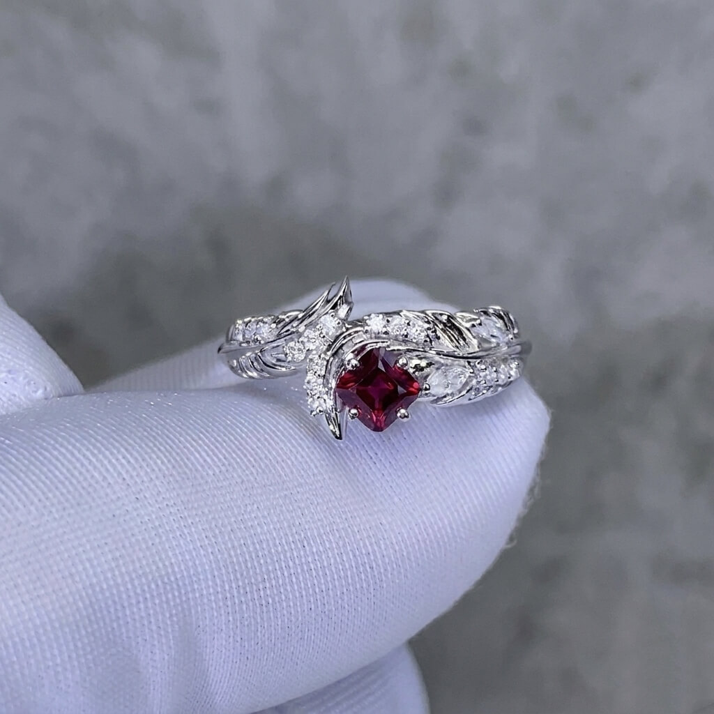 Soul Feather Wedding Ring | 925 Silver Platinum-Plated Moissanite & Red Tourmaline