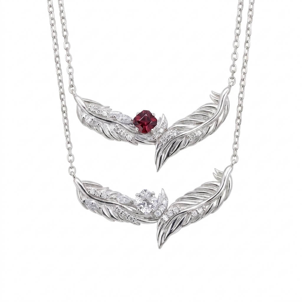 Soul Feather Necklace | 925 Silver Platinum-Plated Moissanite & Red Tourmaline