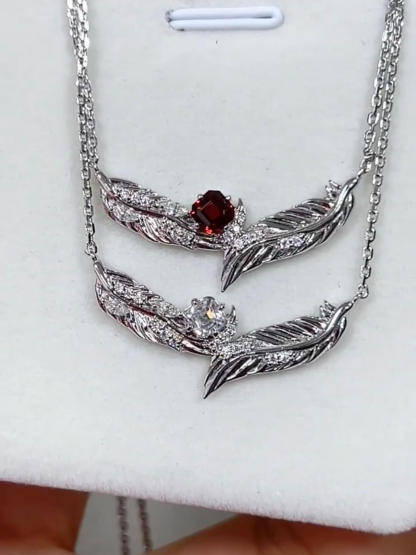 Soul Feather Necklace | 925 Silver Platinum-Plated Moissanite & Red Tourmaline