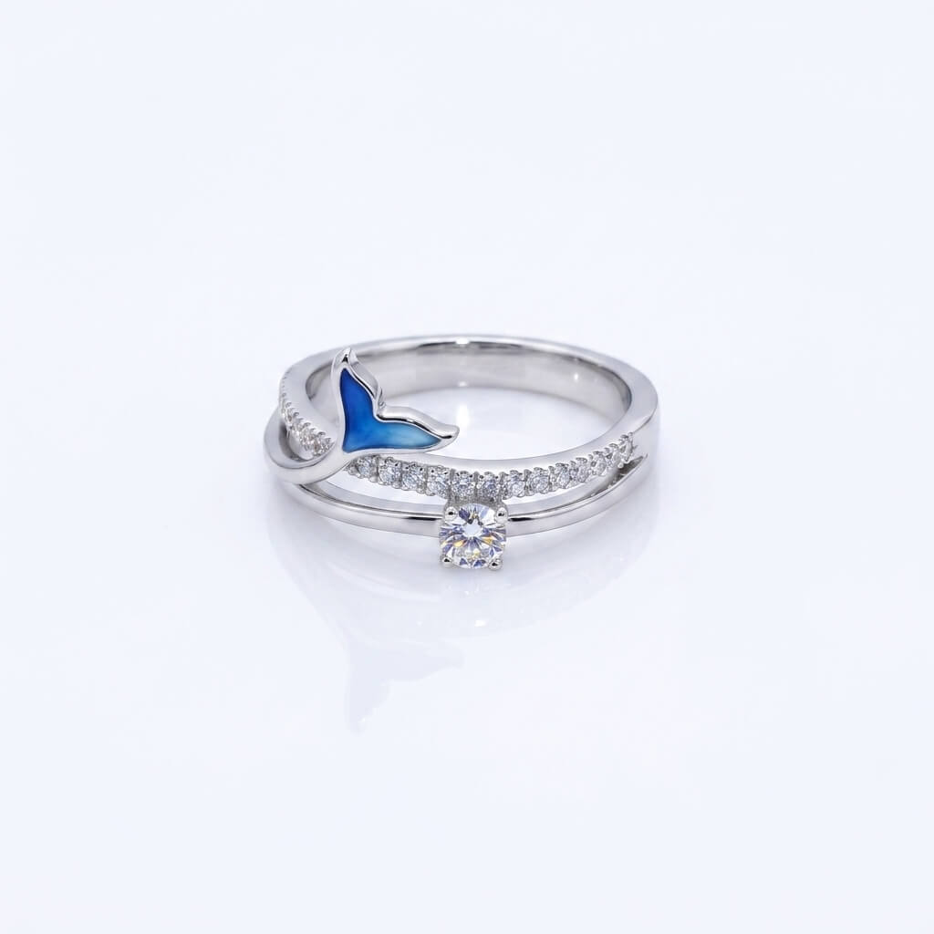 Dual-Band Fishtail Ring | Blue Enamel 925 Sterling Silver Platinum-Plated Moissanite