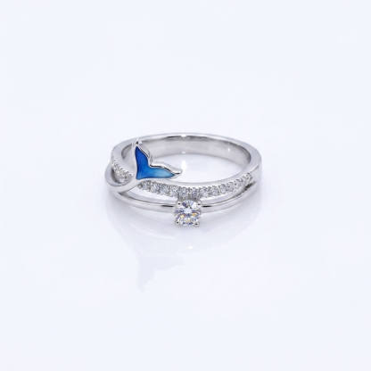 Dual-Band Fishtail Ring | Blue Enamel 925 Sterling Silver Platinum-Plated Moissanite