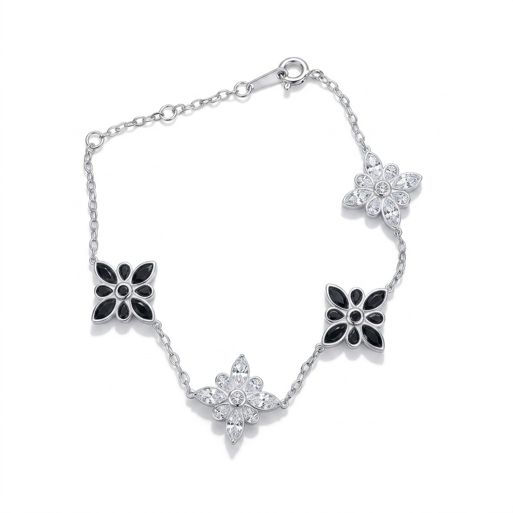S925 Sterling Silver with Genuine Black Agate and Moissanite