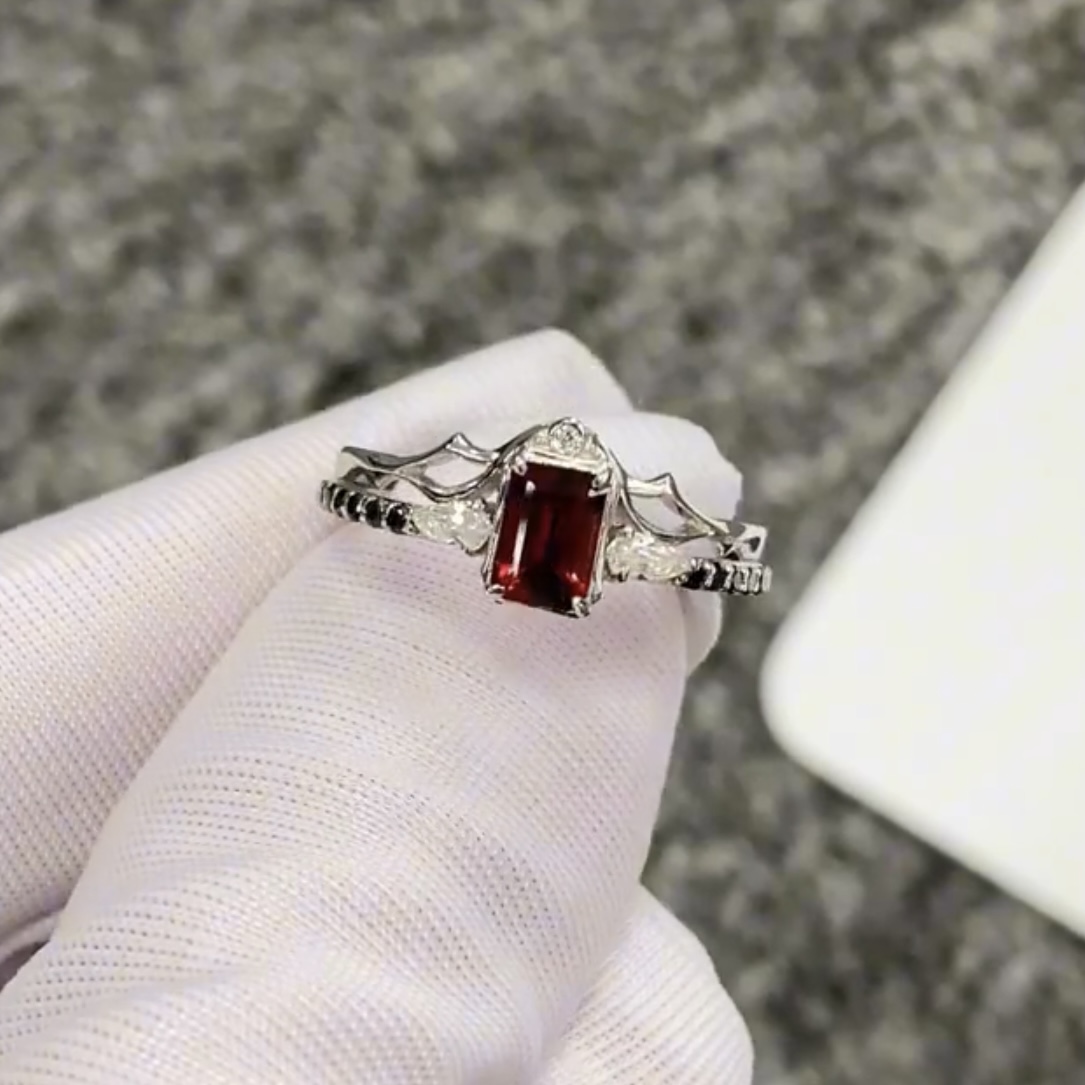 Level 100 Affinity Couple Rings | 925 Sterling Silver Platinum-Plated Red Tourmaline