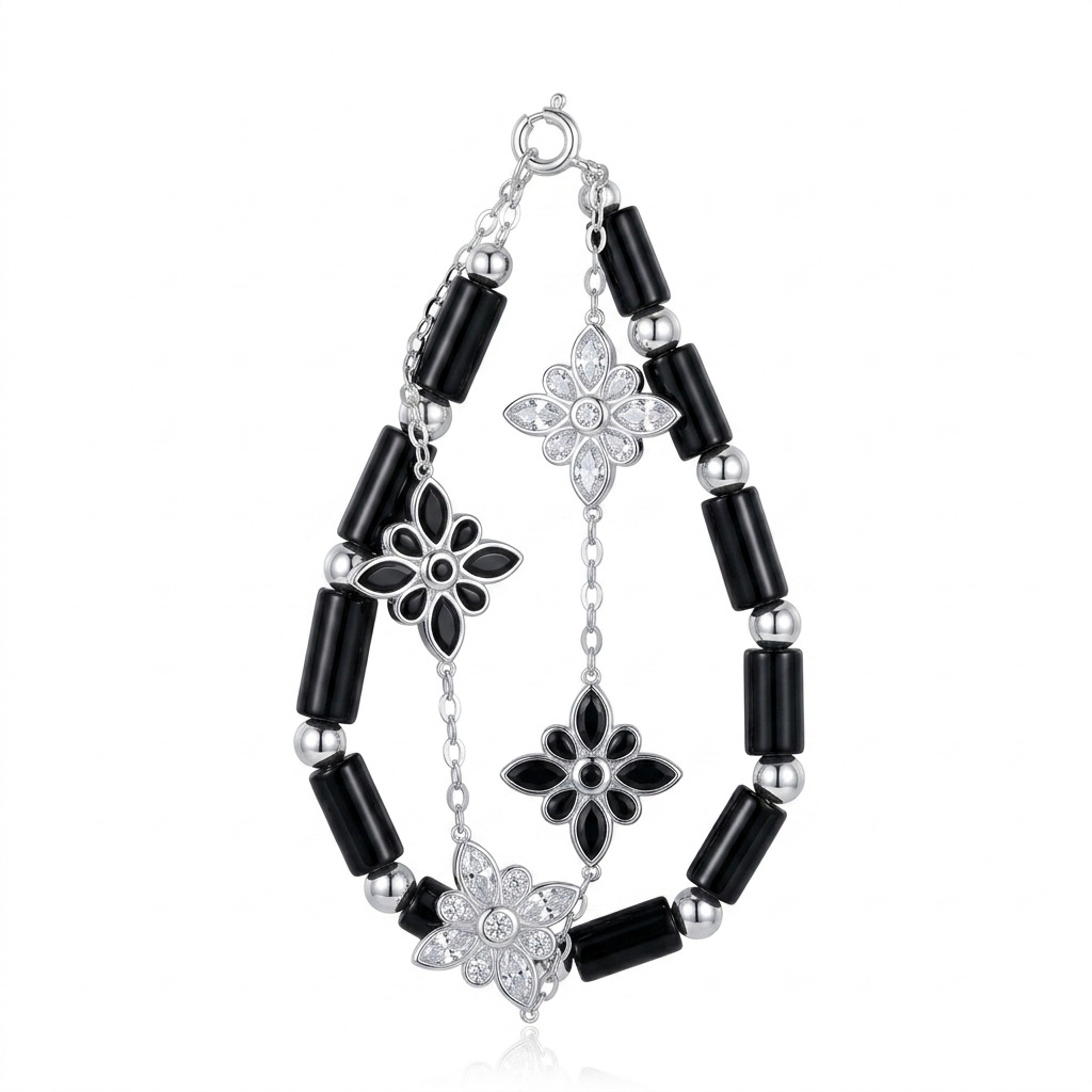 S925 Sterling Silver with Genuine Black Agate and Moissanite