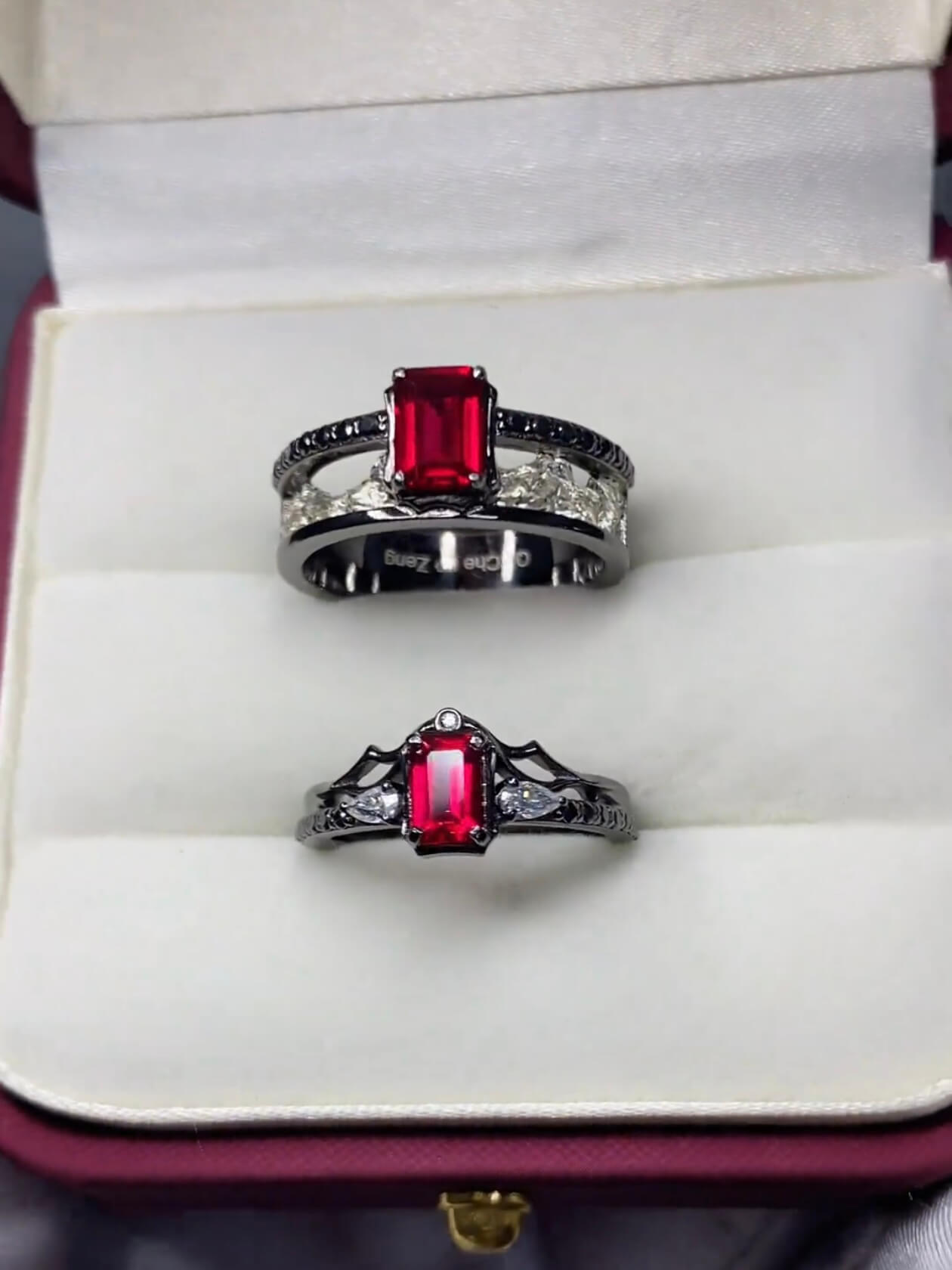 Eternal Vow |  Couple Rings | 925 Sterling Silver Platinum-Plated Moissanite & Red Tourmaline