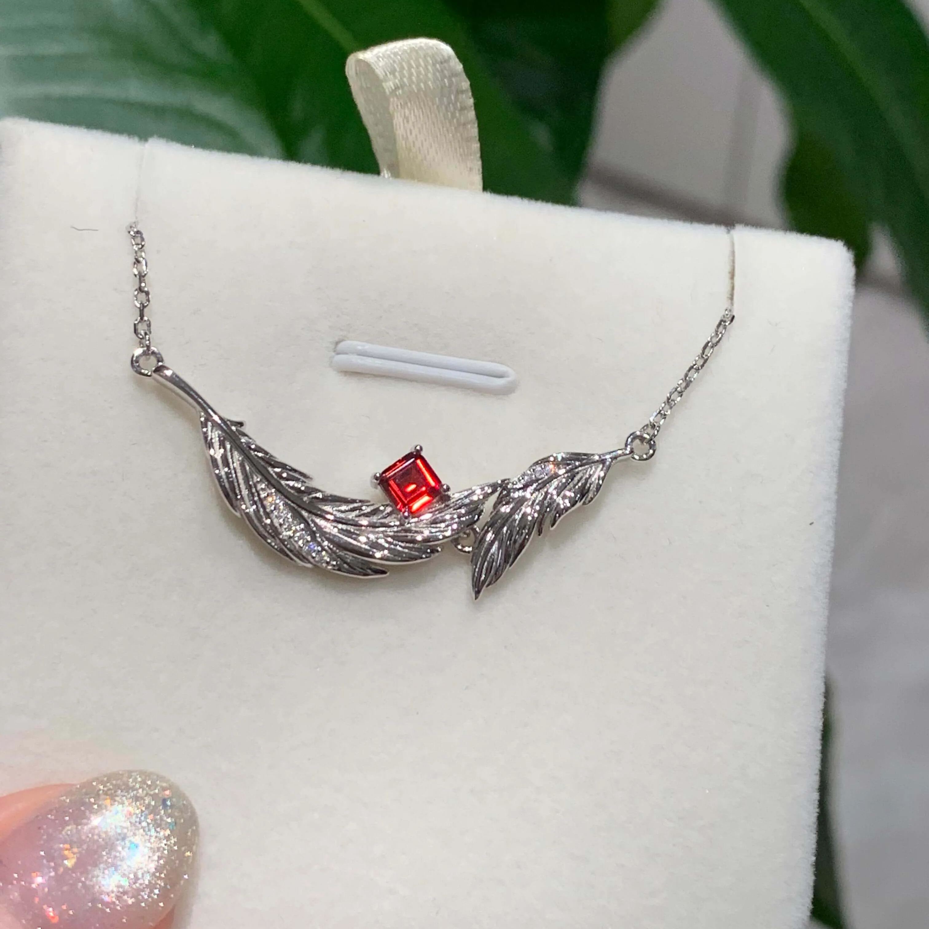 Soul Feather Original Design Necklace| 925 Silver Platinum-Plated Moissanite & Red Tourmaline