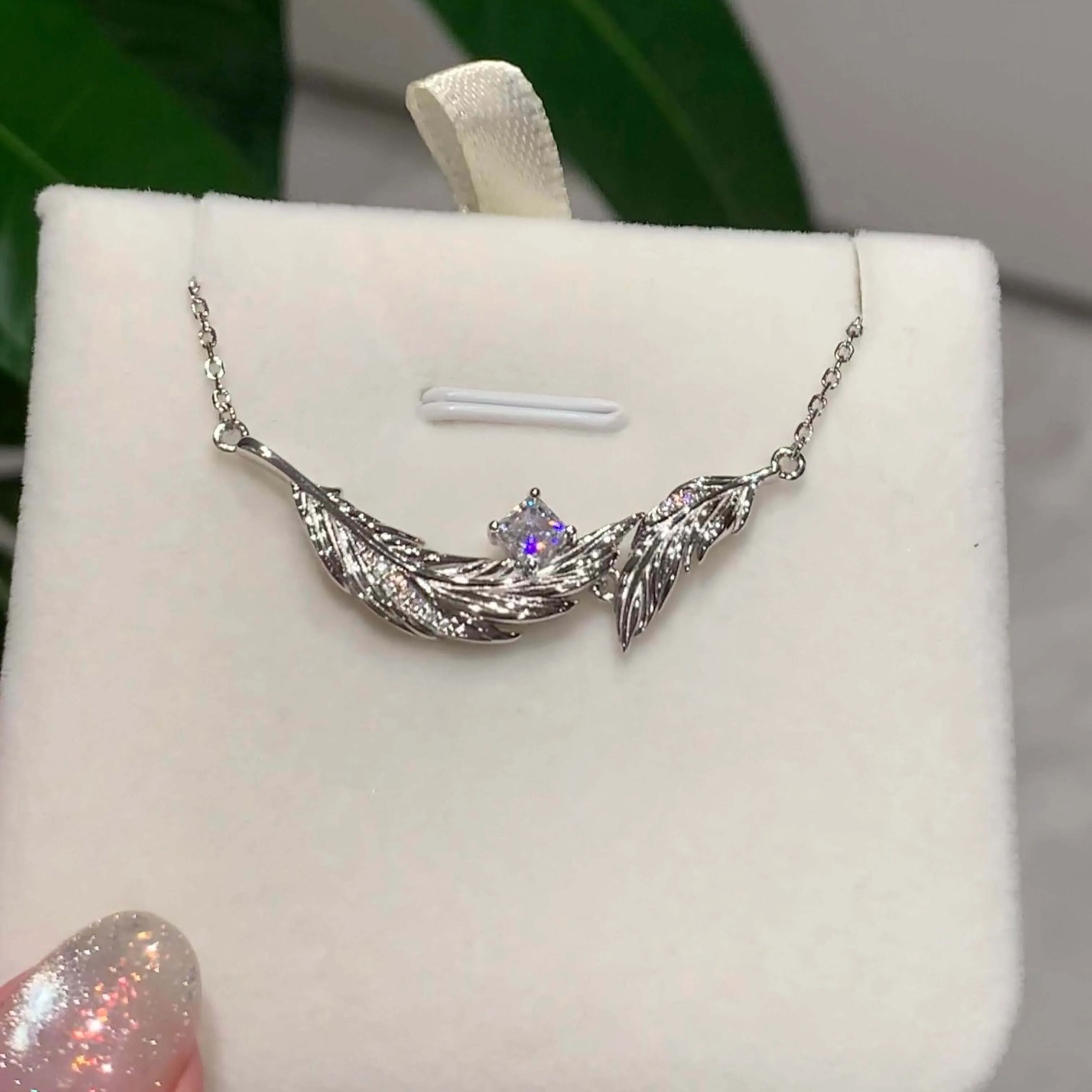Soul Feather Original Design Necklace| 925 Silver Platinum-Plated Moissanite & Red Tourmaline