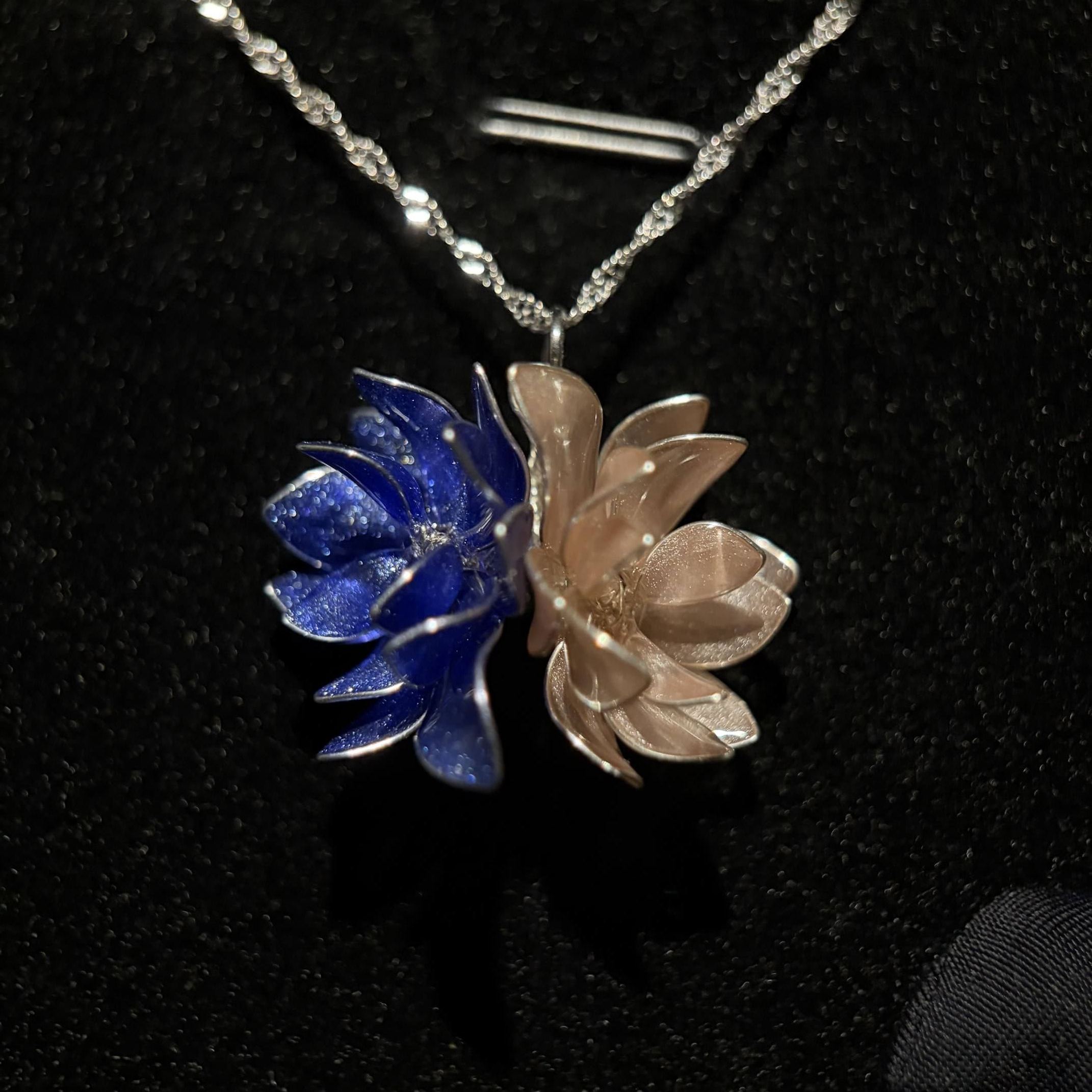 Handmade 925 Sterling Silver Twin Lotus Ribbon Choker / Necklace