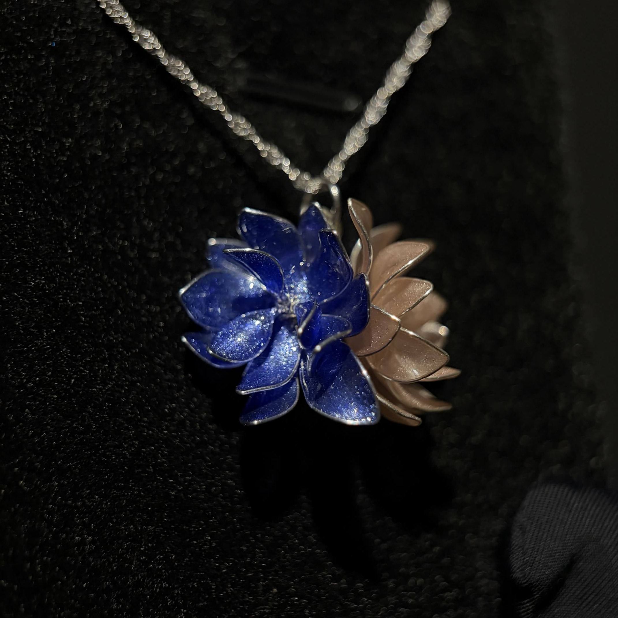 Handmade 925 Sterling Silver Twin Lotus Ribbon Choker / Necklace