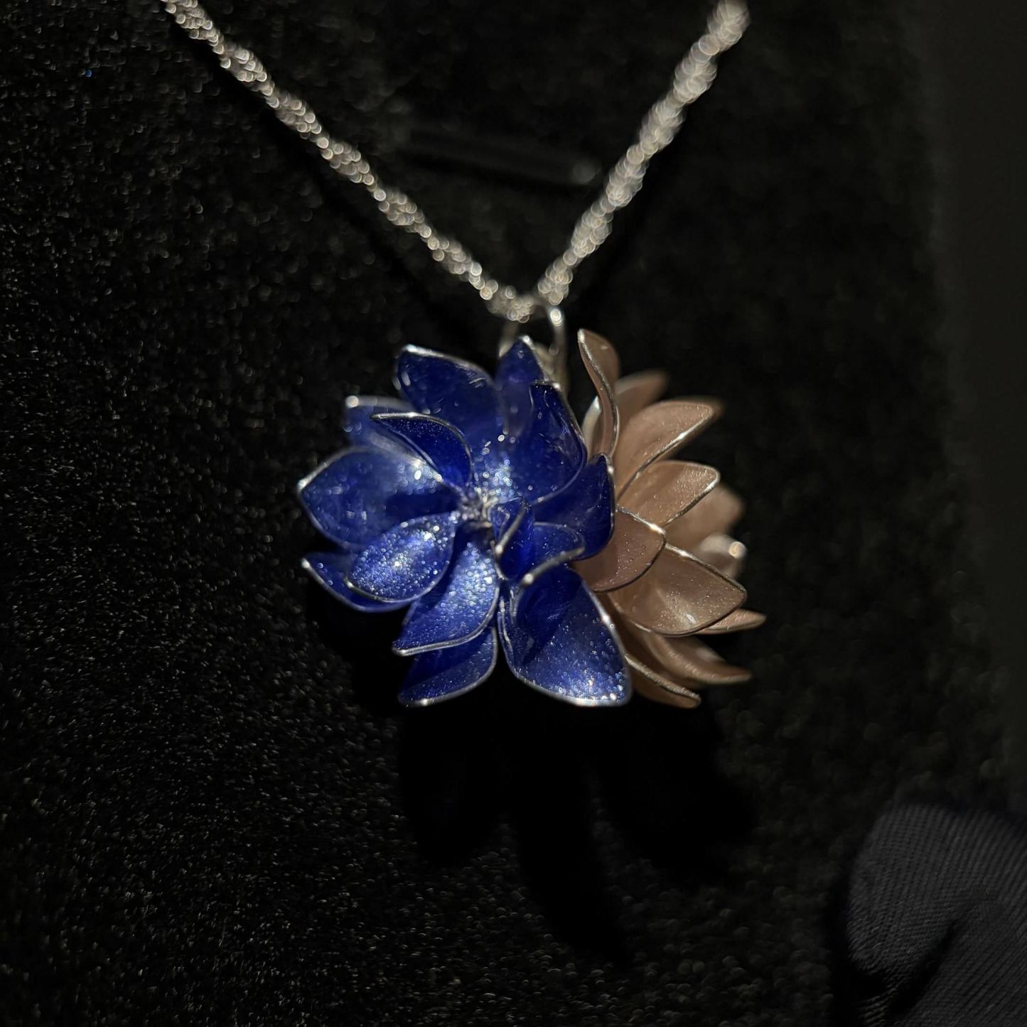 Handmade 925 Sterling Silver Twin Lotus Ribbon Choker / Necklace