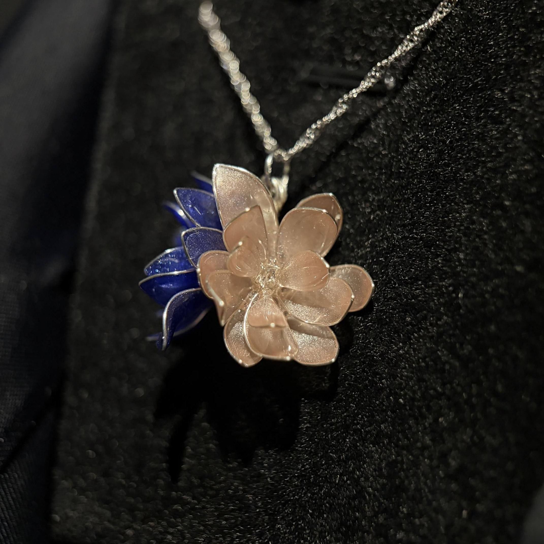 Handmade 925 Sterling Silver Twin Lotus Ribbon Choker / Necklace