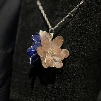 Handmade 925 Sterling Silver Twin Lotus Ribbon Choker / Necklace
