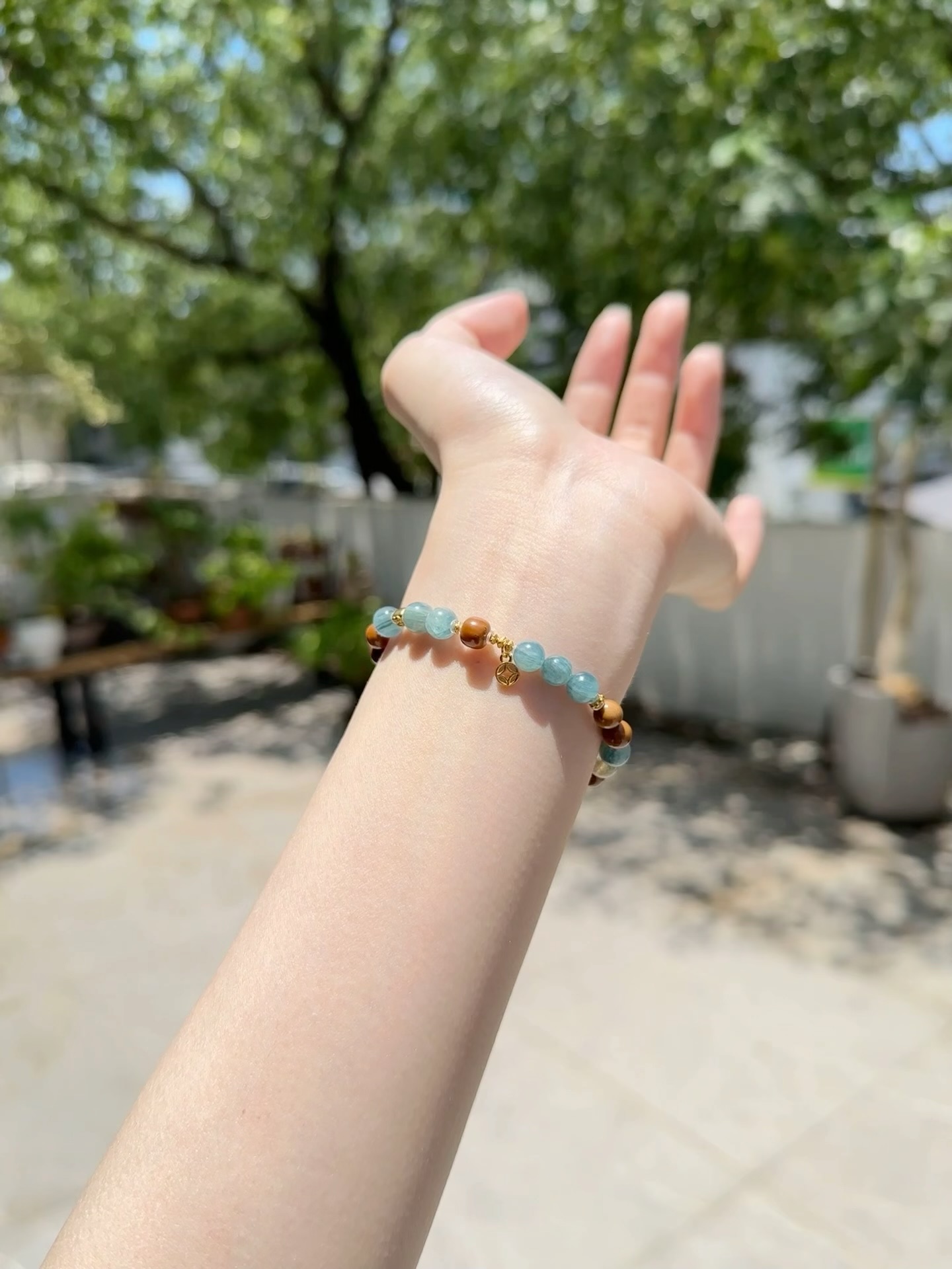 Taoist Metal Element Bracelet | Rowan「Misty Prosperity」Cook Beads, Blue-Green Crystal & Rutilated Quartz Bracelet（Wealth & Luck）