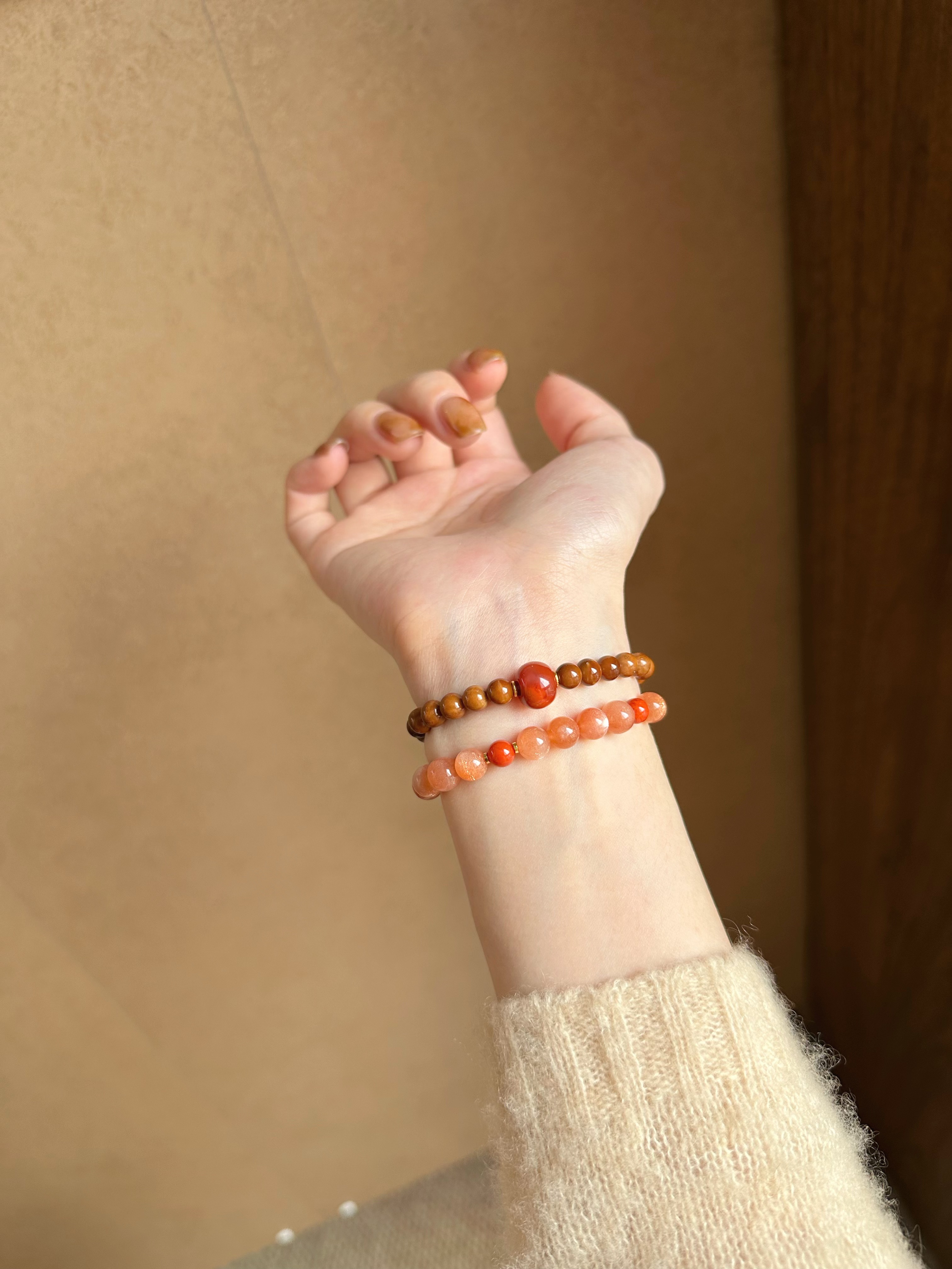 Taoist Fire Element Bracelet | Rowan「Carp & Lotus」Natural Sunstone & South Red Agate  (Luck & Protection)